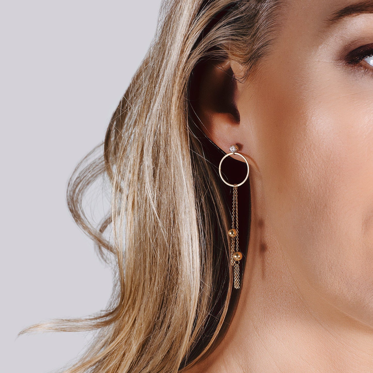 0.20 CTW DEW Moissanite Circle Chain Drop Earrings in 14K Yellow Gold