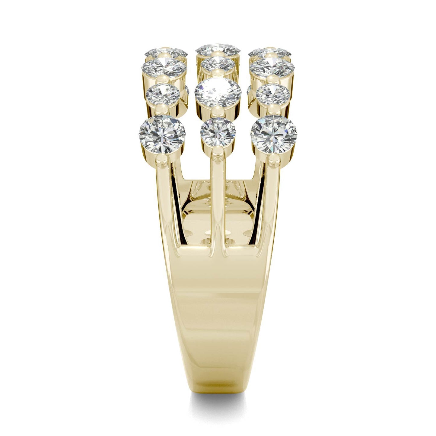 0.91 CTW DEW Round Moissanite Three Row Ring in 14K Yellow Gold