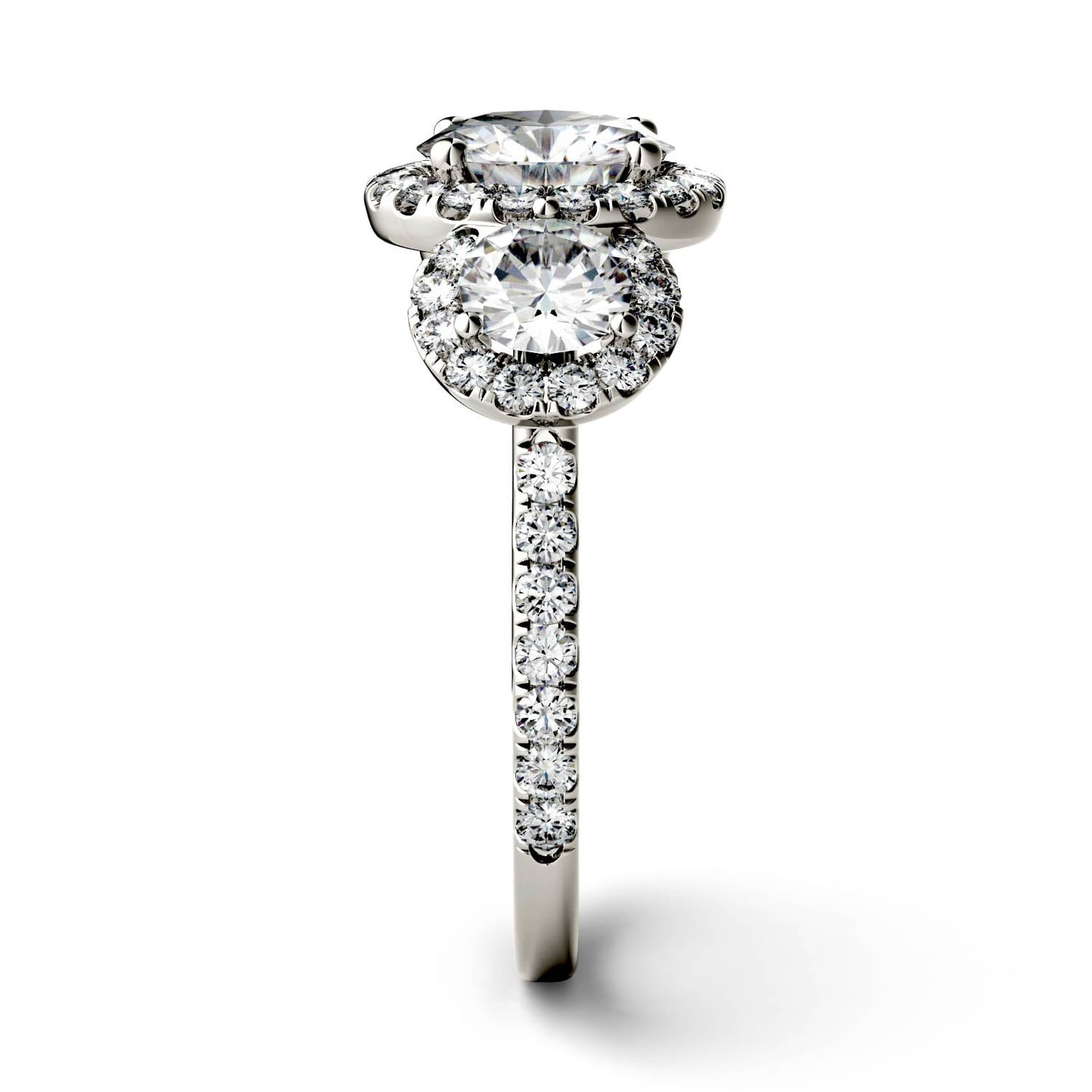 3.09 CTW DEW Round Moissanite Halo Three-Stone Ring in 14K White Gold