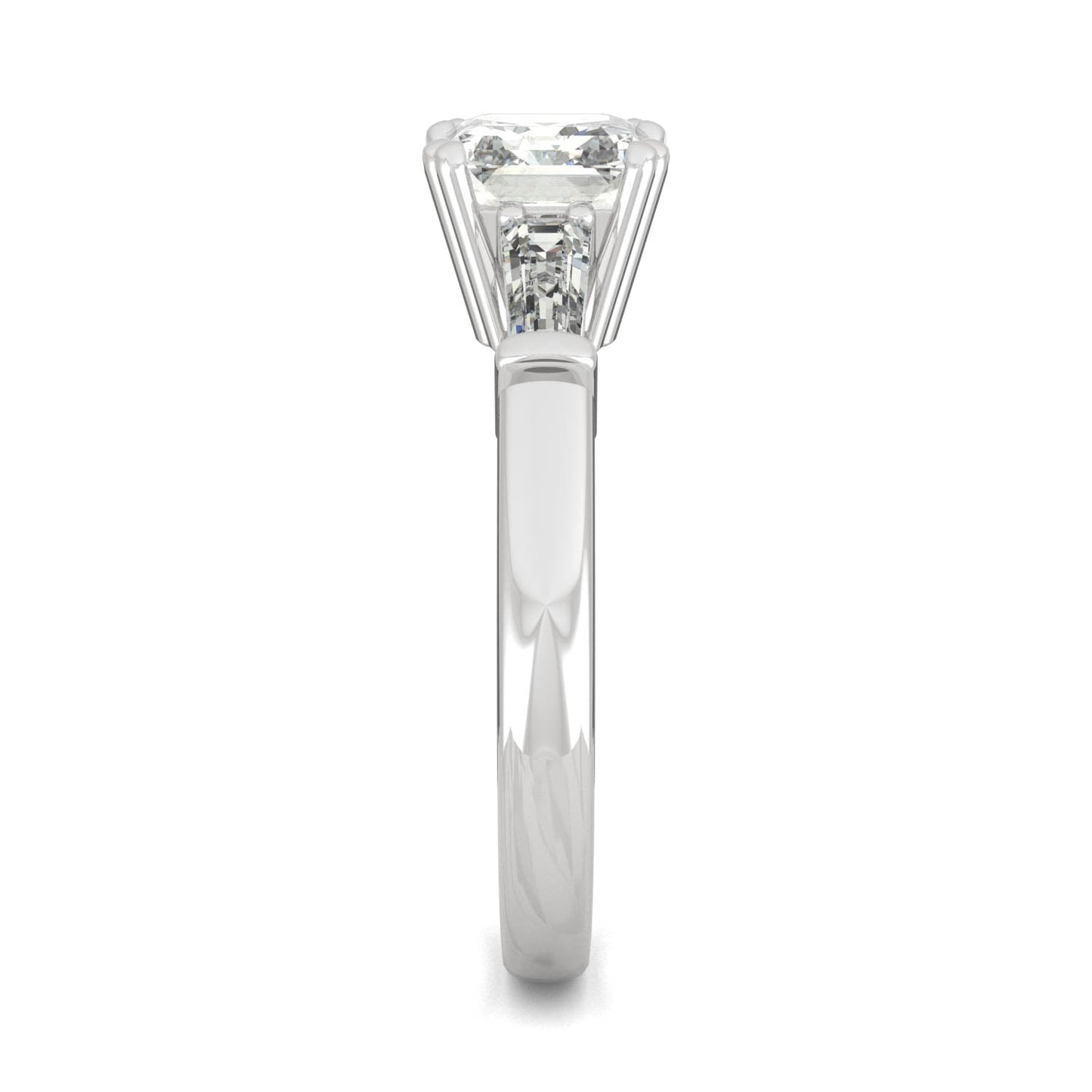 1.67 CTW DEW Asscher Moissanite Three-Stone Engagement Ring in 14K White Gold