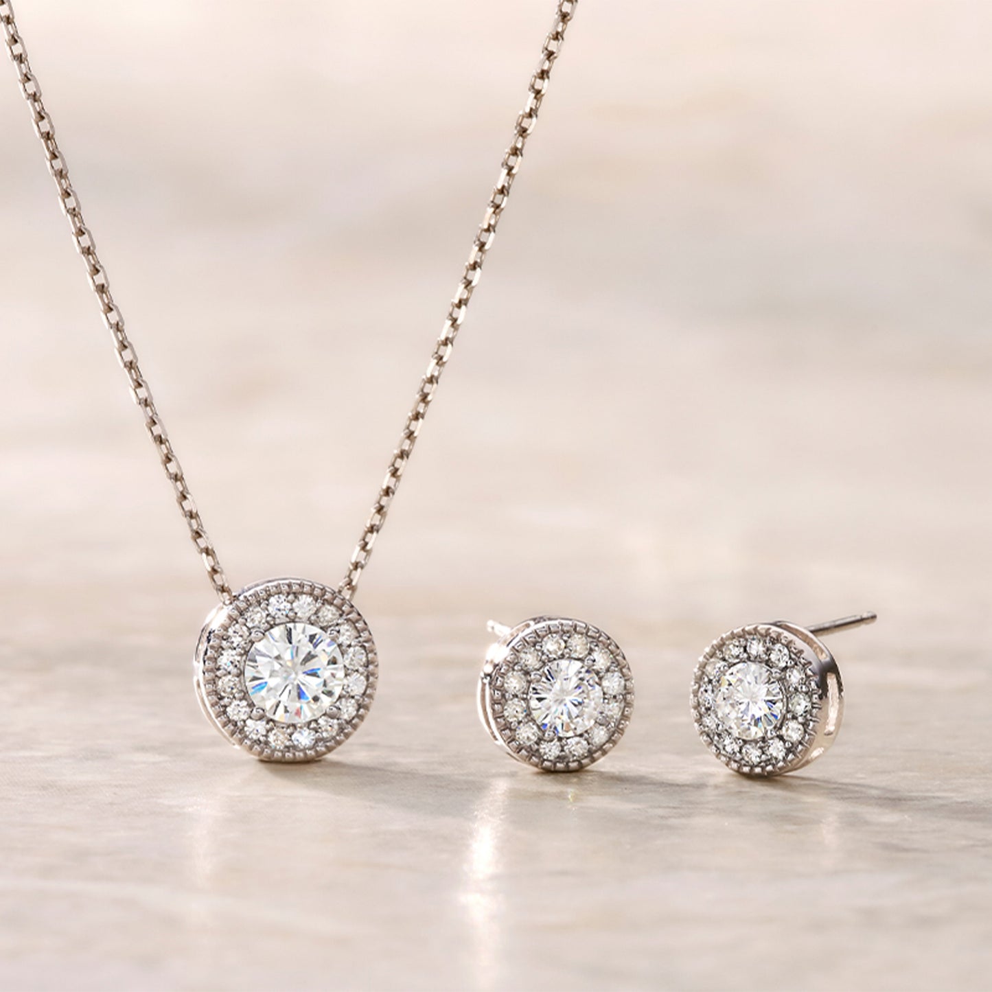 1.96 CTW DEW Round Moissanite Halo Earring & Pendant Set in Sterling Silver