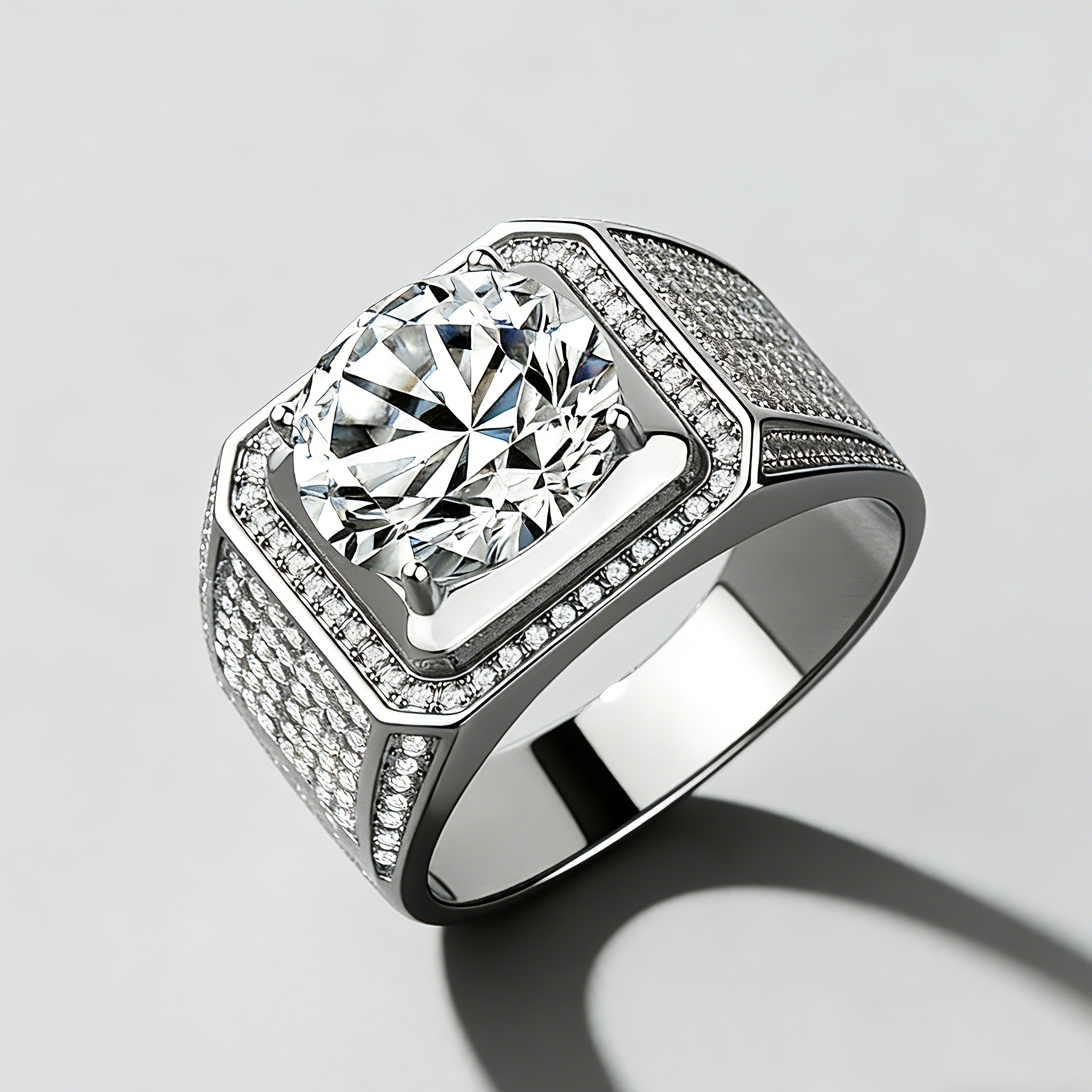 Men’s Square Moissanite Statement Ring, 925 Sterling Silver, Bold & Luxurious Business Jewelry for Men