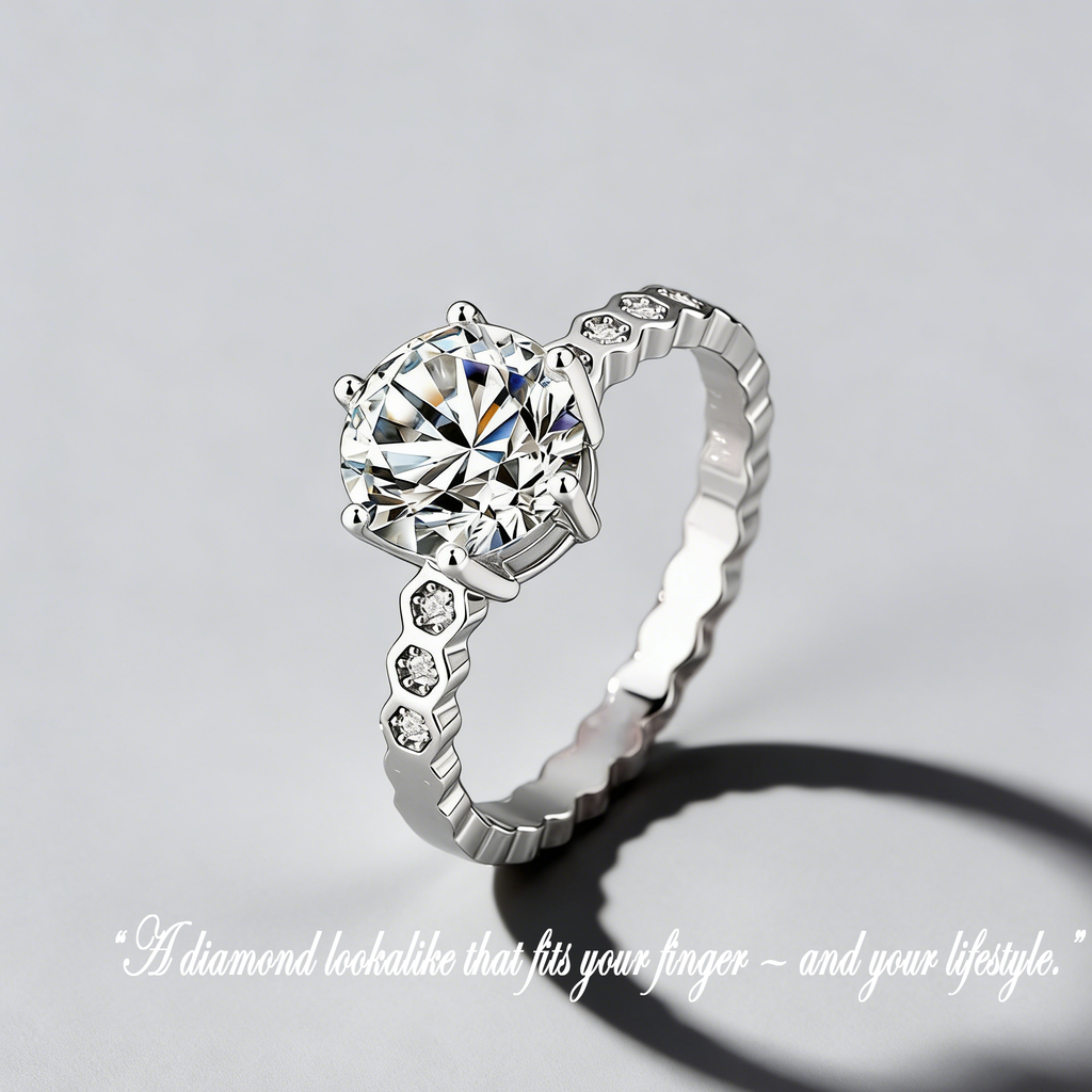 2CT Moissanite Ring – 925 Sterling Silver, 6-Prong “Honeycomb” Band, GRA Certified