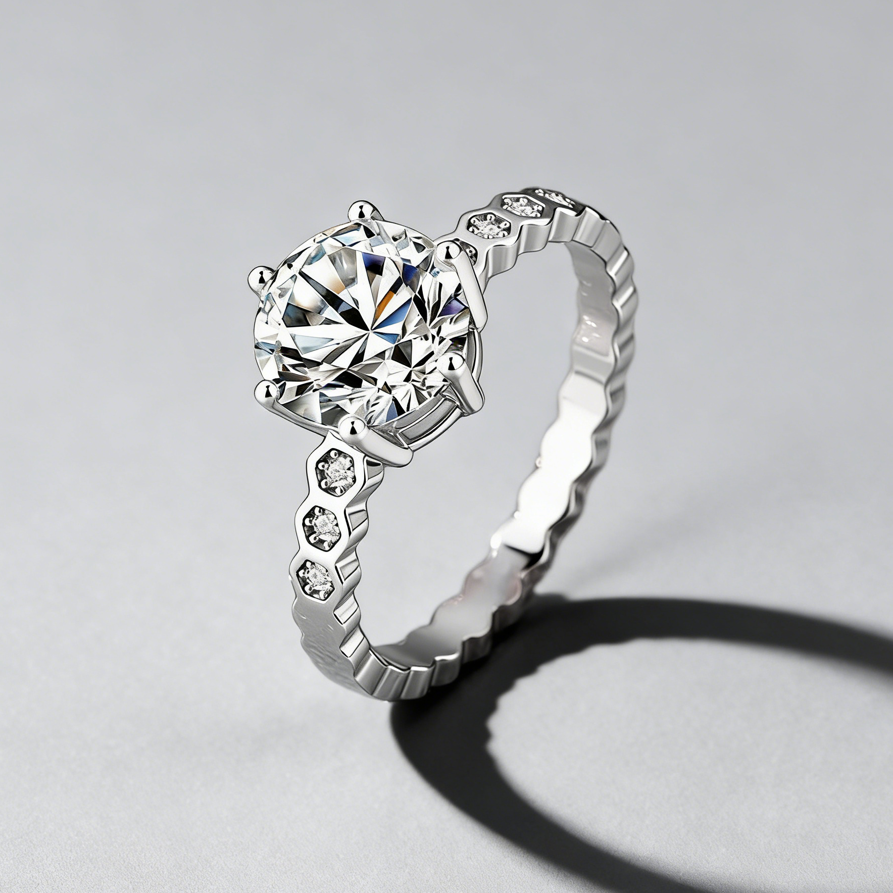 2CT Moissanite Ring – 925 Sterling Silver, 6-Prong “Honeycomb” Band, GRA Certified