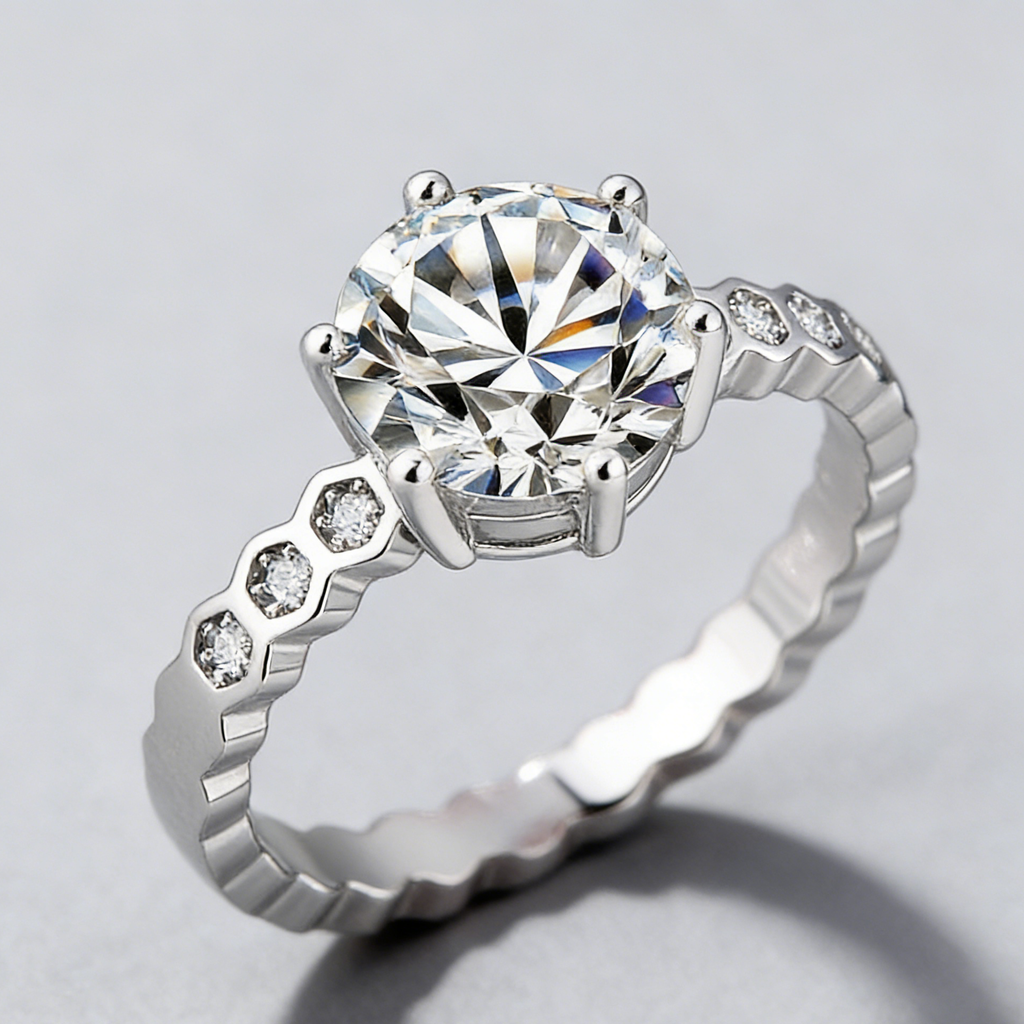 2CT Moissanite Ring – 925 Sterling Silver, 6-Prong “Honeycomb” Band, GRA Certified