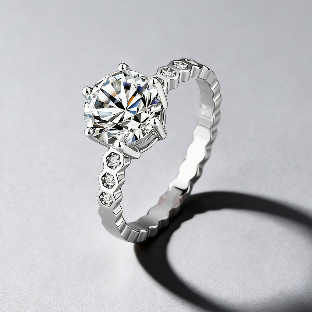 2CT Moissanite Ring – 925 Sterling Silver, 6-Prong “Honeycomb” Band, GRA Certified