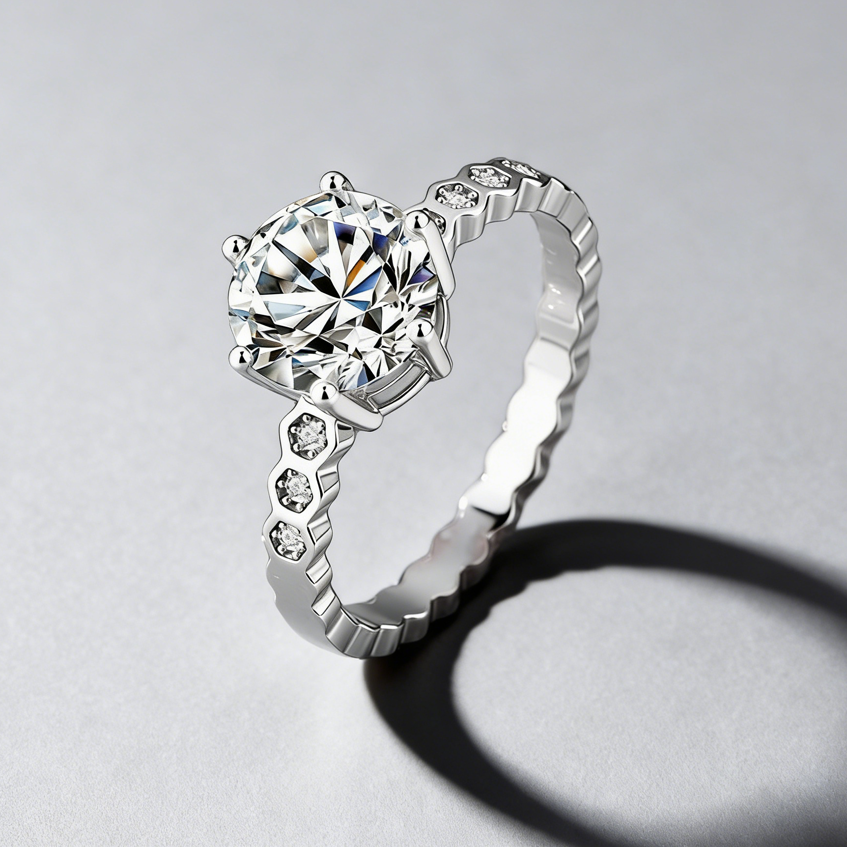 2CT Moissanite Ring – 925 Sterling Silver, 6-Prong “Honeycomb” Band, GRA Certified