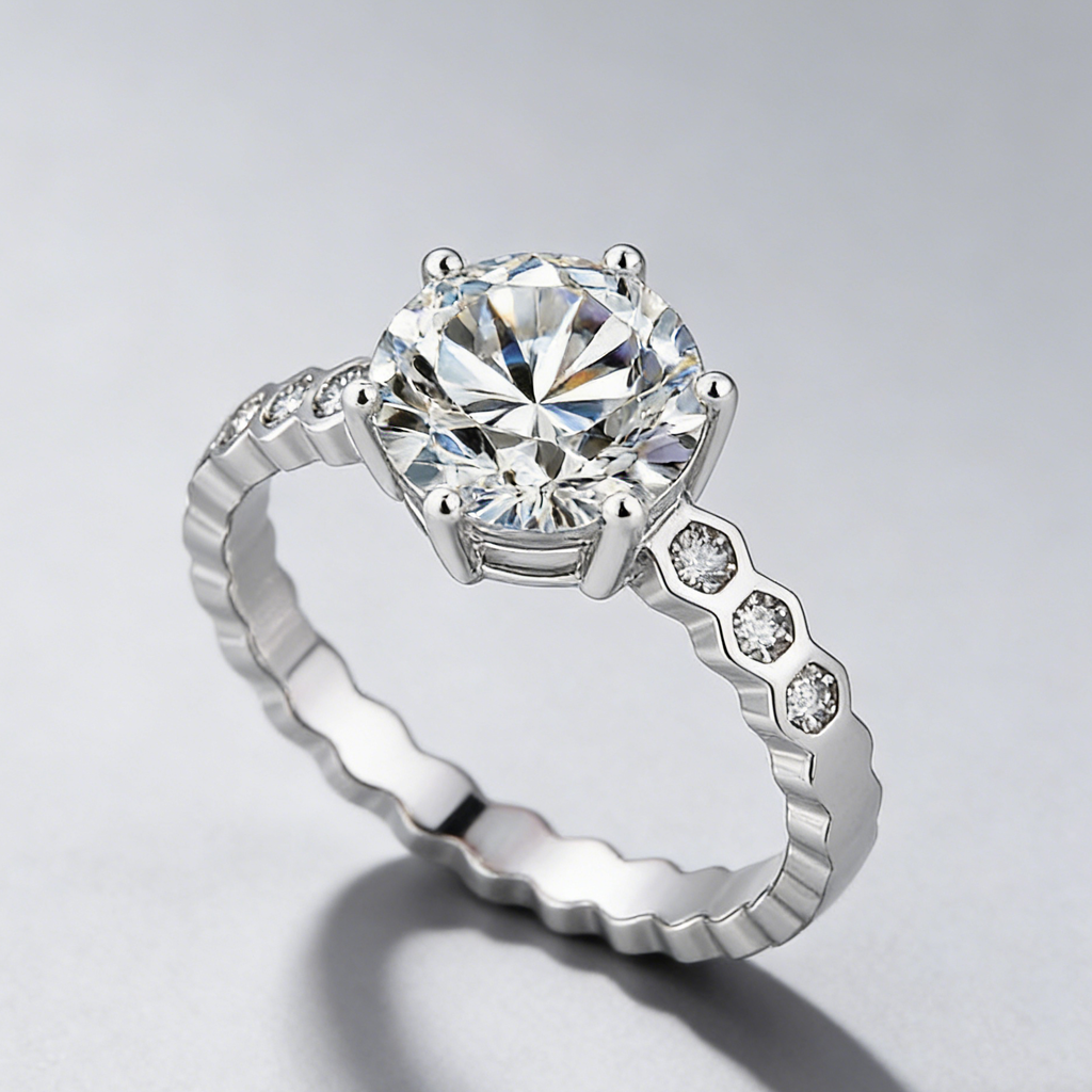 2CT Moissanite Ring – 925 Sterling Silver, 6-Prong “Honeycomb” Band, GRA Certified