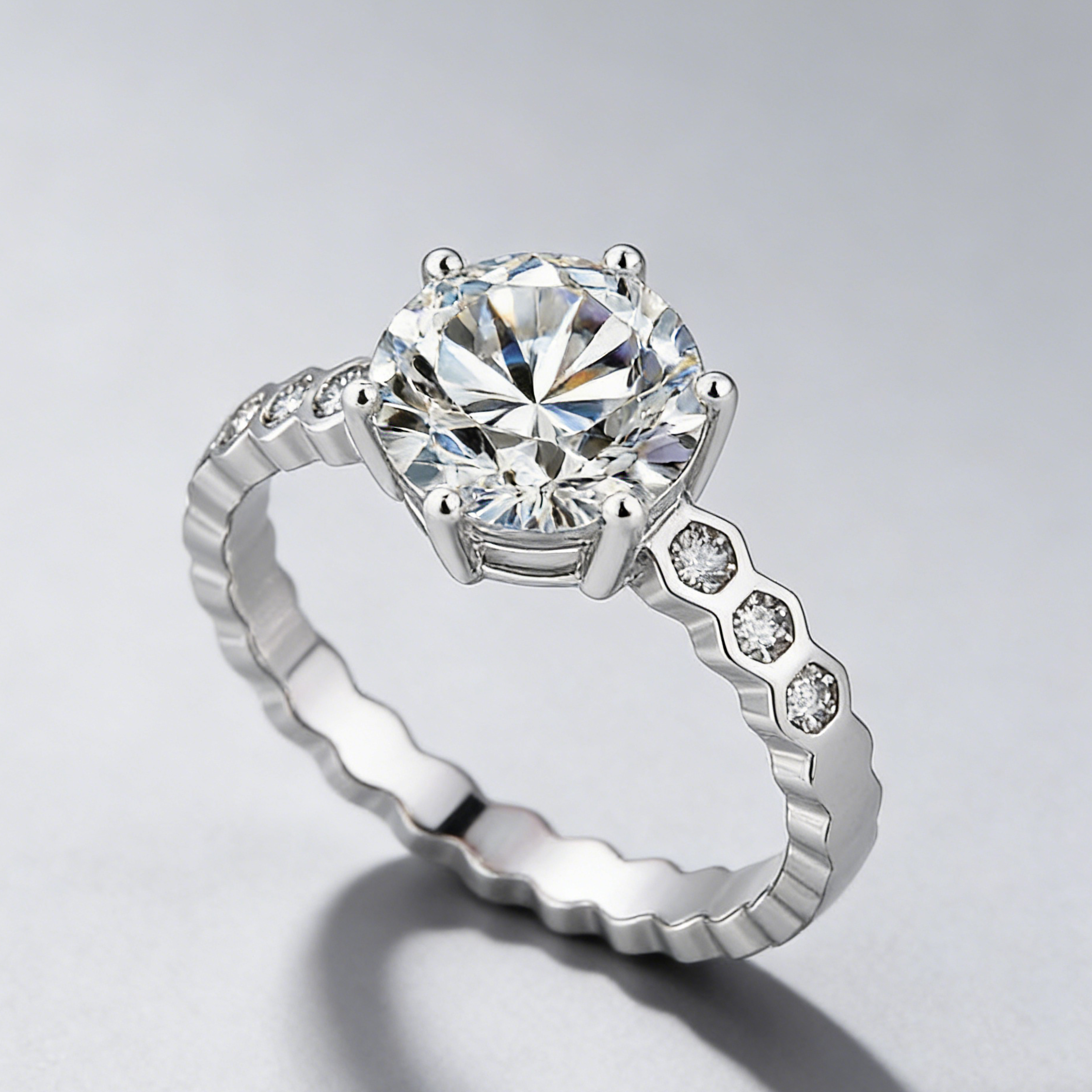 2CT Moissanite Ring – 925 Sterling Silver, 6-Prong “Honeycomb” Band, GRA Certified