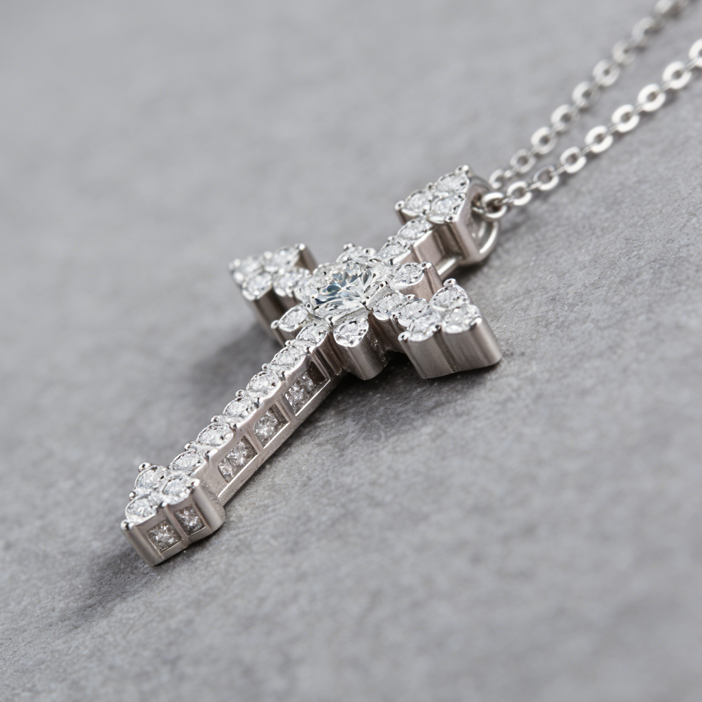 Moissanite Cross Necklace – 925 Sterling Silver, GRA Certified, Adjustable Chain (41–50cm)