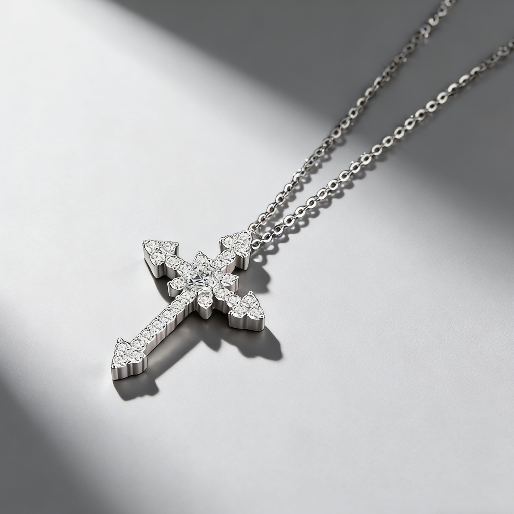 Moissanite Cross Necklace – 925 Sterling Silver, GRA Certified, Adjustable Chain (41–50cm)