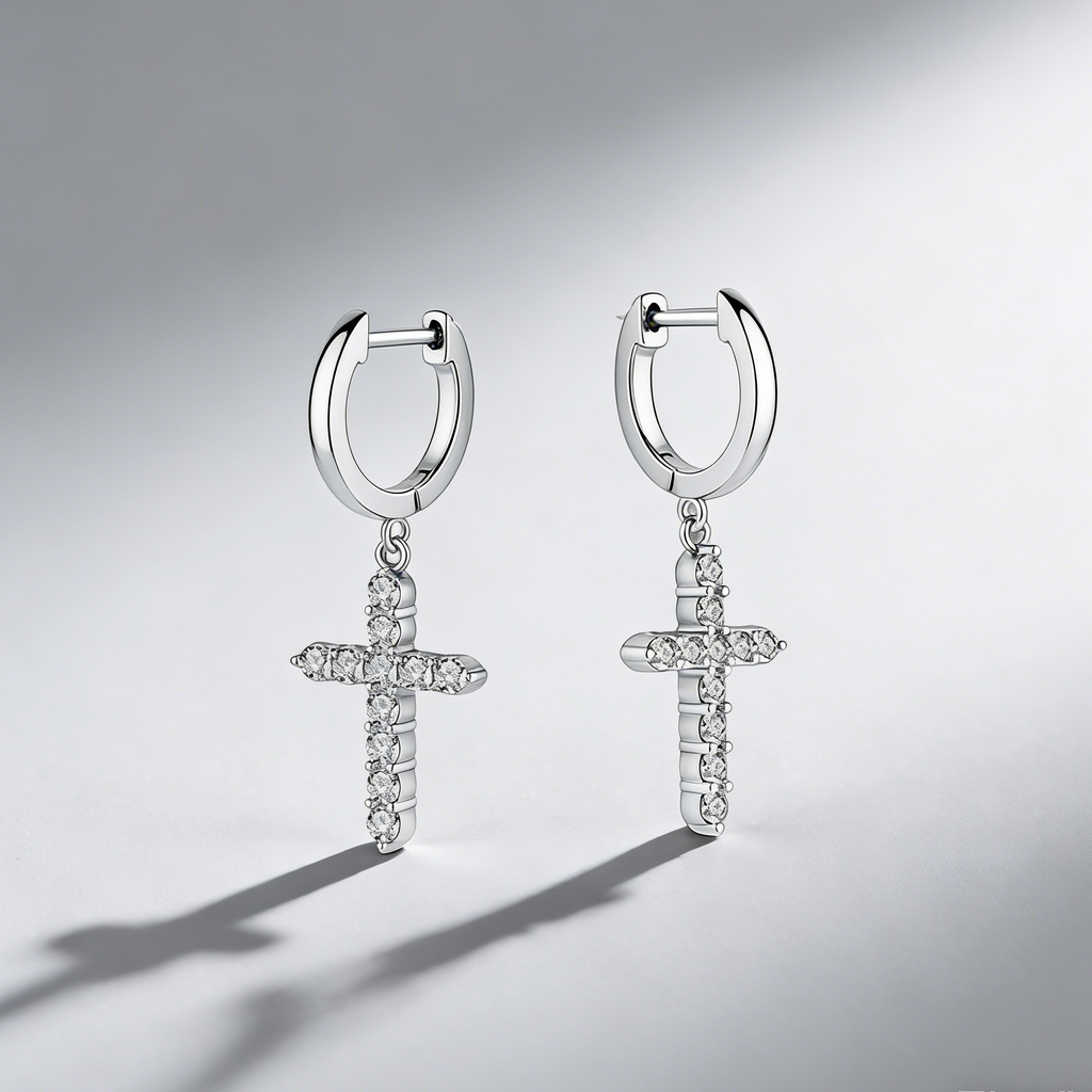 Cross Drop Earrings in 925 Sterling Silver – Dazzling Moissanite Pavé Hoops for Men & Women,