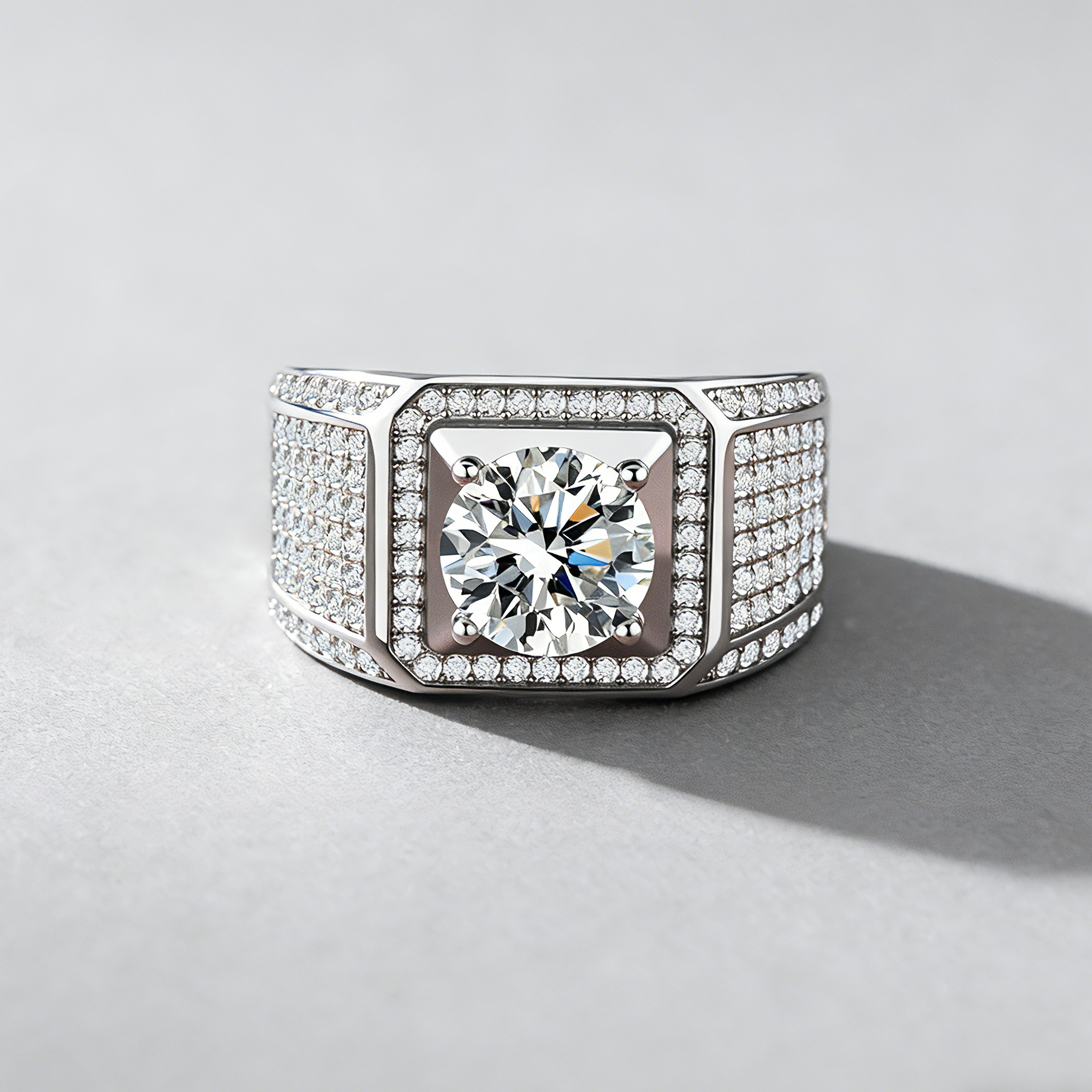 Men’s Square Moissanite Statement Ring, 925 Sterling Silver, Bold & Luxurious Business Jewelry for Men