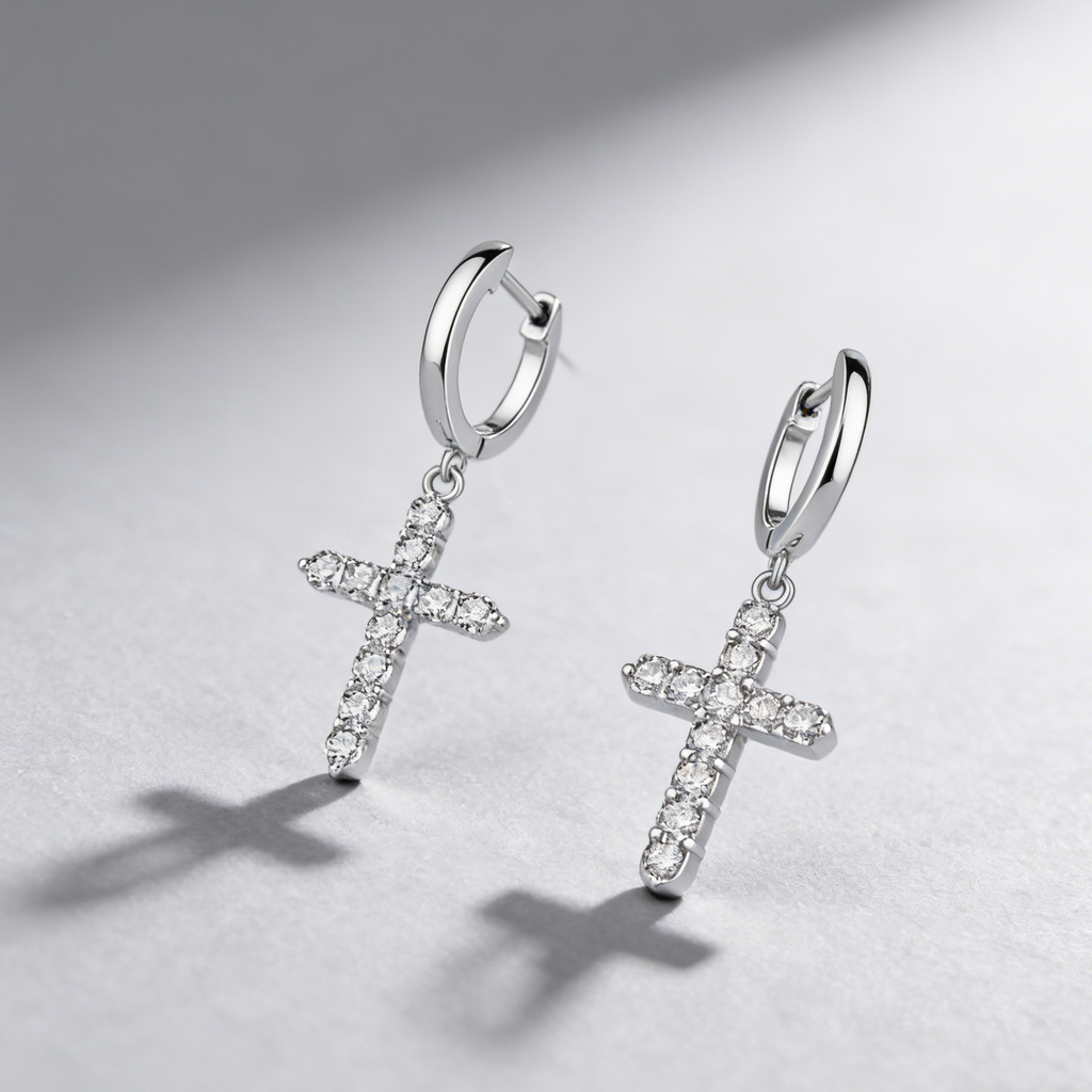 Cross Drop Earrings in 925 Sterling Silver – Dazzling Moissanite Pavé Hoops for Men & Women,