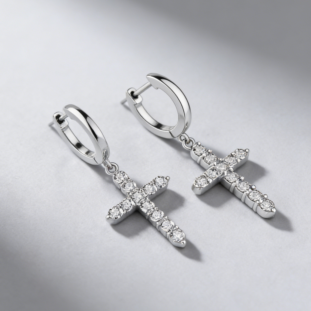 Cross Drop Earrings in 925 Sterling Silver – Dazzling Moissanite Pavé Hoops for Men & Women,