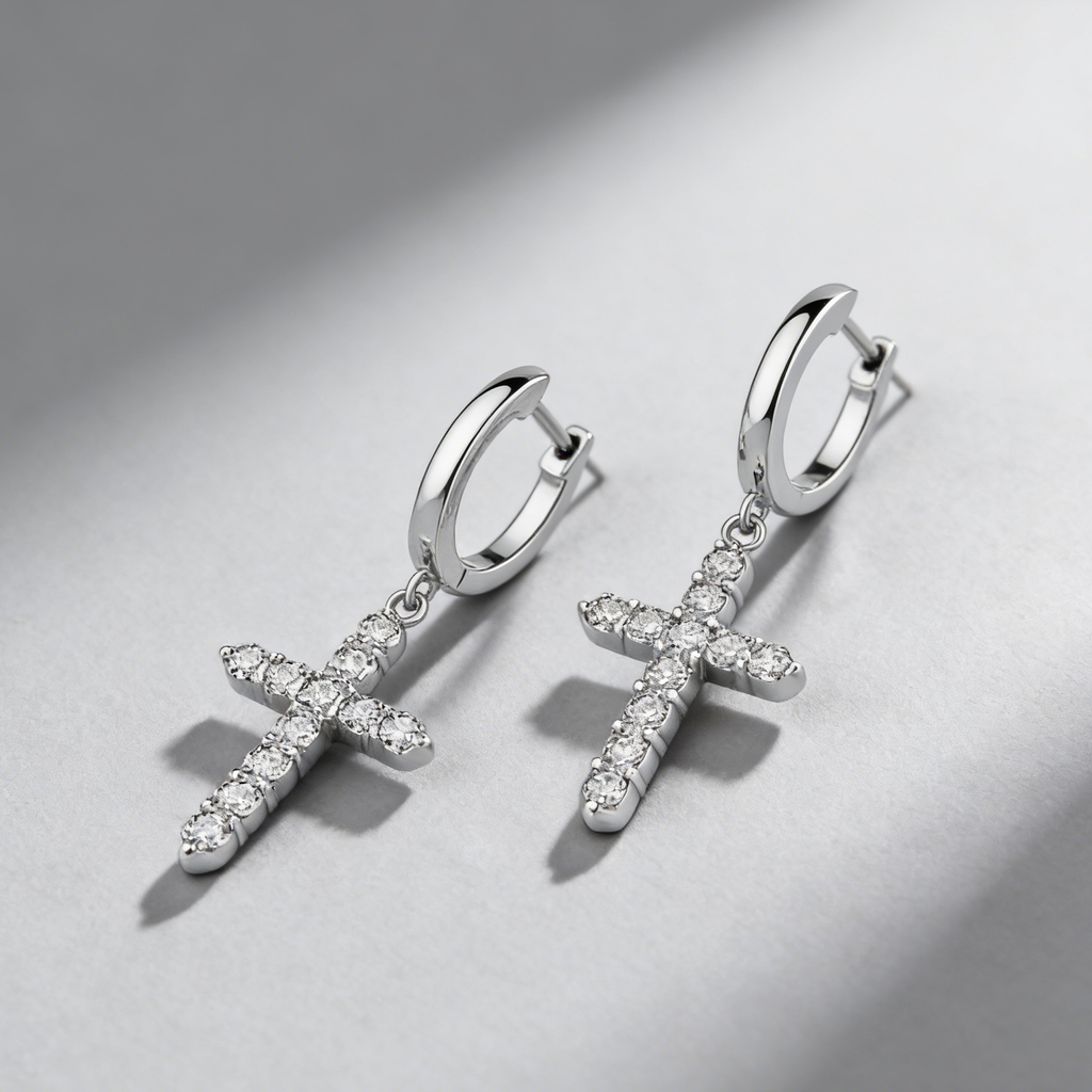 Cross Drop Earrings in 925 Sterling Silver – Dazzling Moissanite Pavé Hoops for Men & Women,