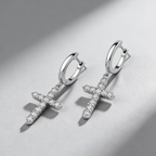 Cross Drop Earrings in 925 Sterling Silver – Dazzling Moissanite Pavé Hoops for Men & Women,