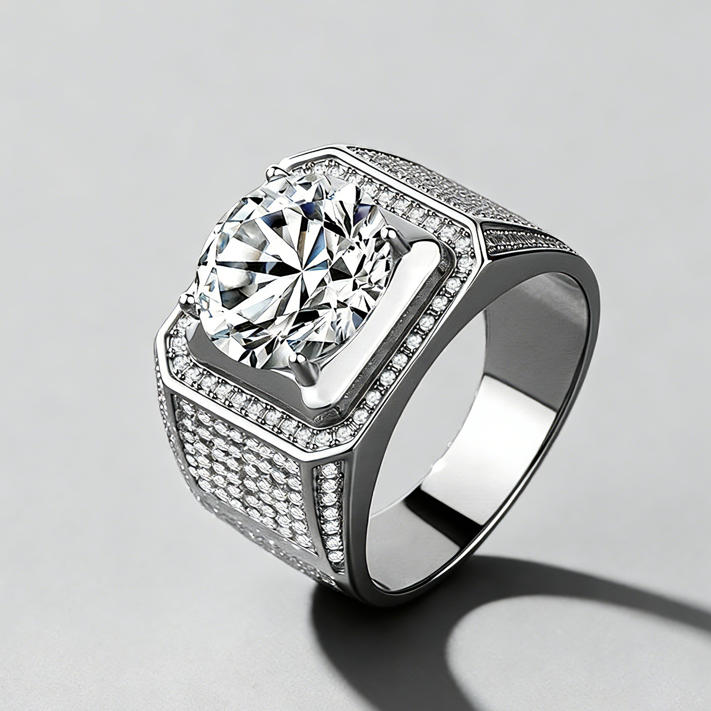 Men’s Square Moissanite Statement Ring, 925 Sterling Silver, Bold & Luxurious Business Jewelry for Men
