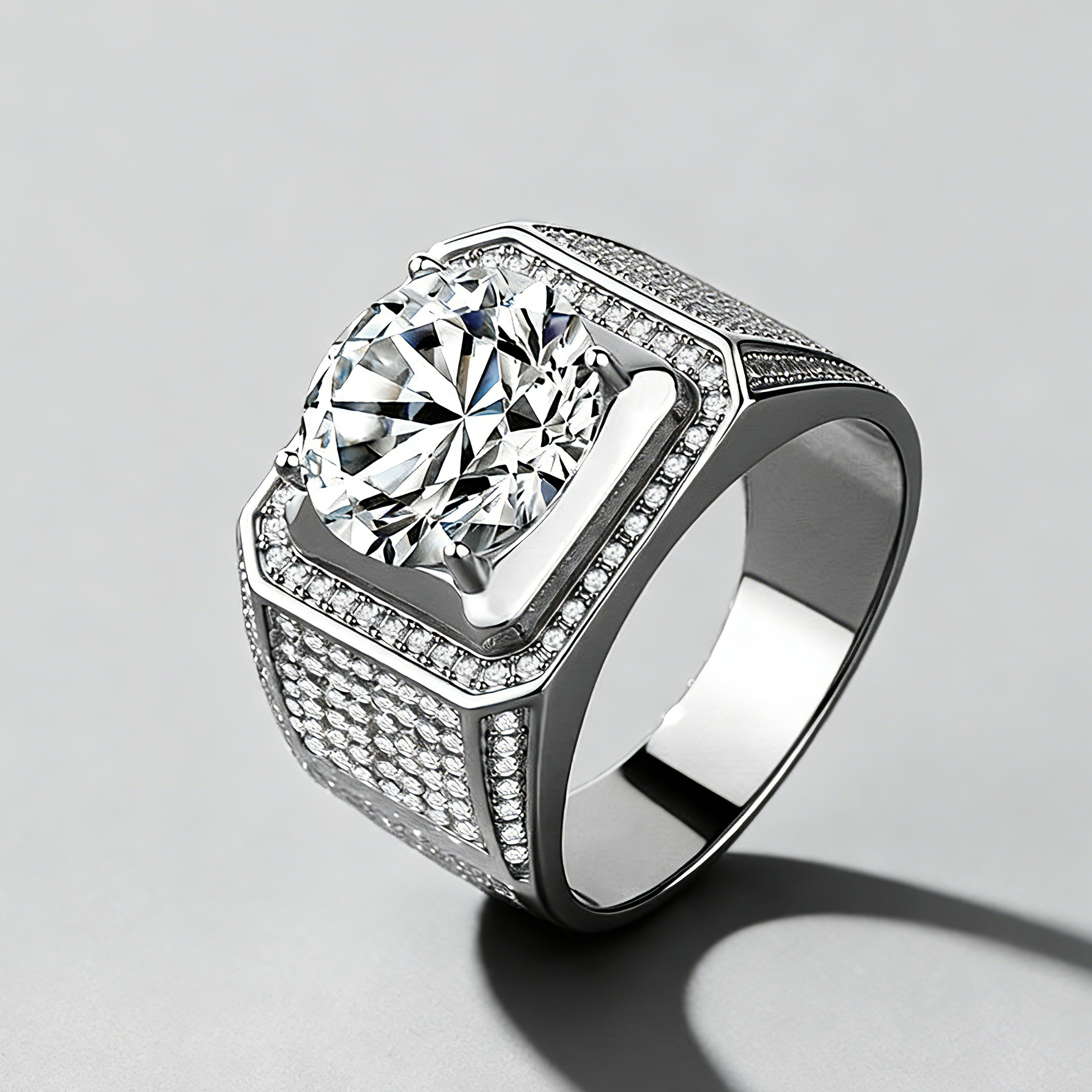 Men’s Square Moissanite Statement Ring, 925 Sterling Silver, Bold & Luxurious Business Jewelry for Men