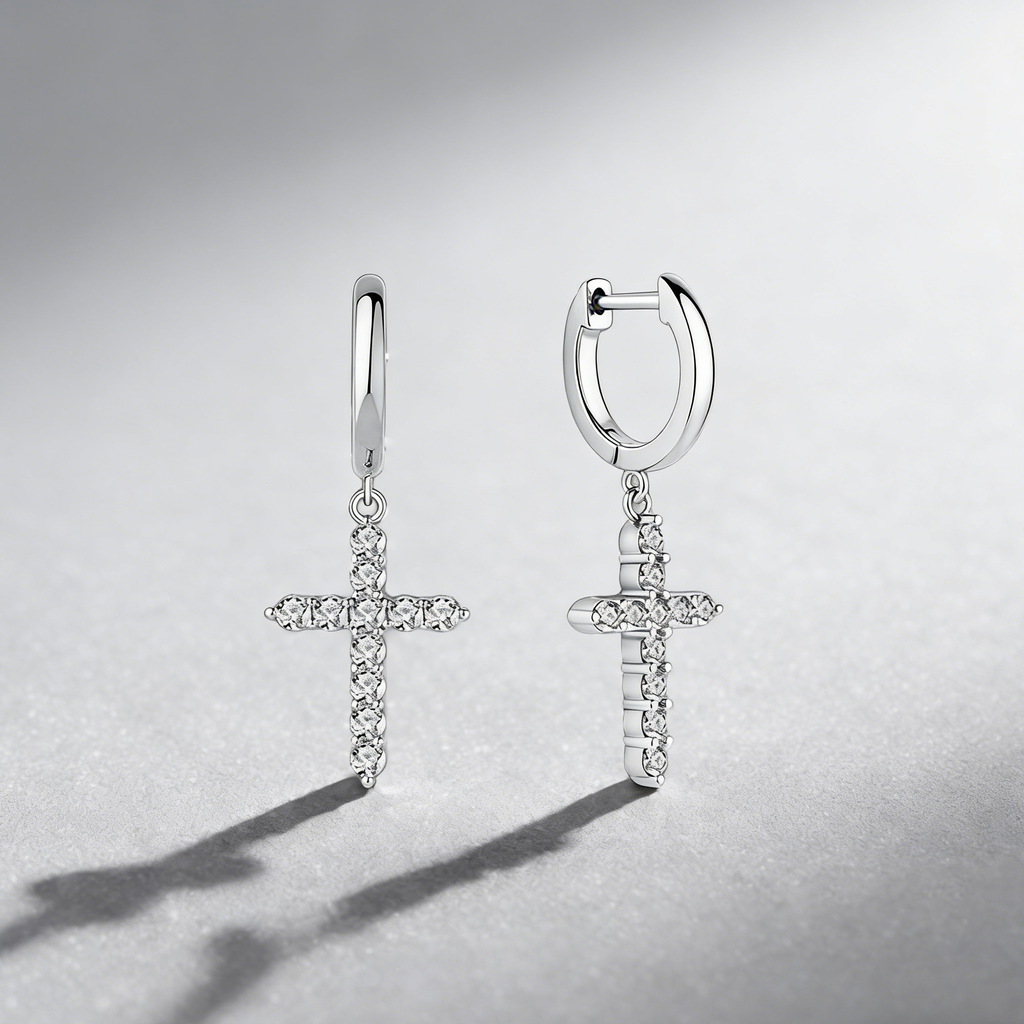 Cross Drop Earrings in 925 Sterling Silver – Dazzling Moissanite Pavé Hoops for Men & Women,