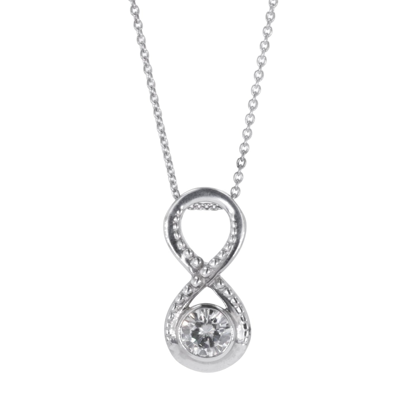 0.80 CTW DEW Round Moissanite Infinity Pendant in Sterling Silver