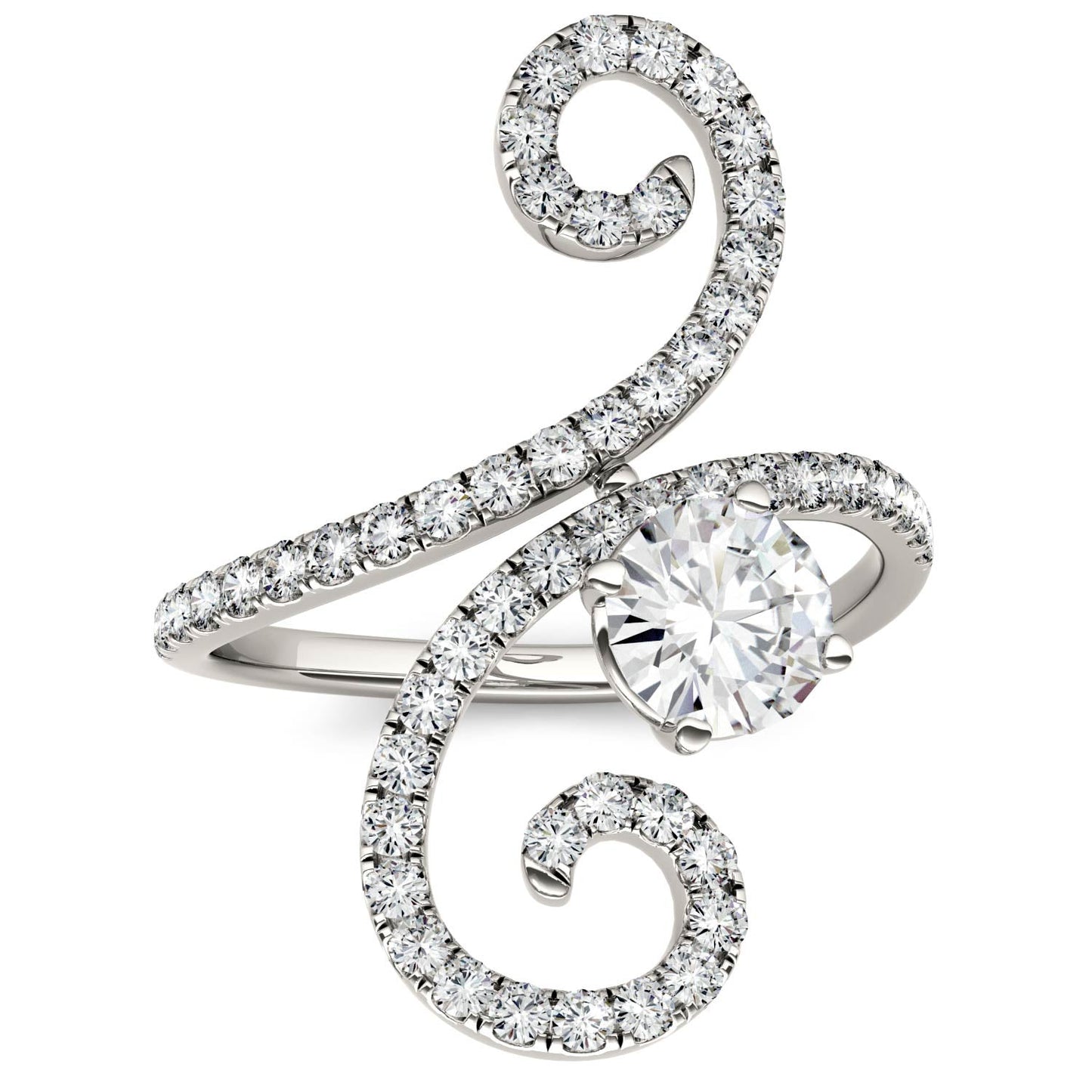 1.34 CTW DEW Round Moissanite Swirl Statement Ring in 14K White Gold