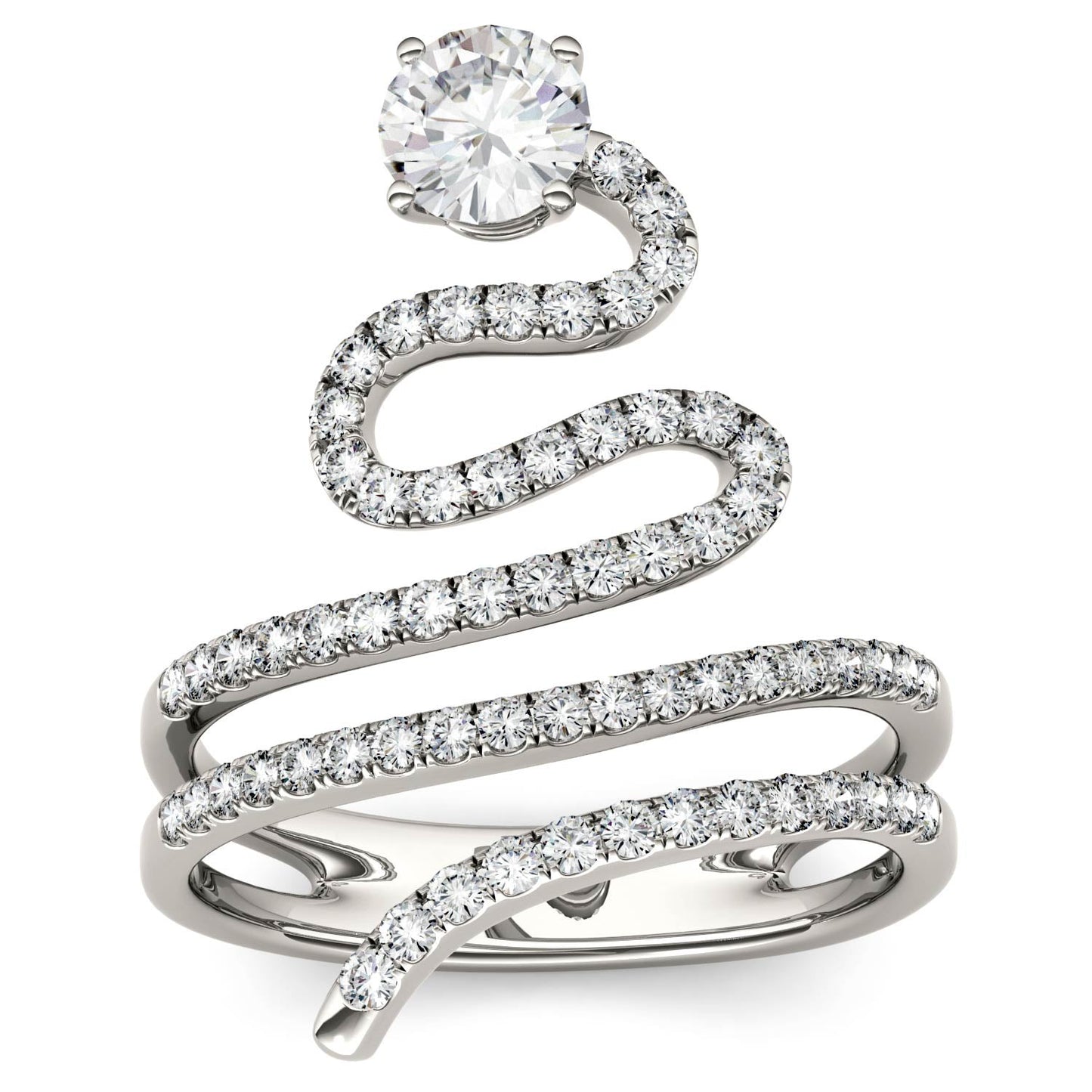 1.14 CTW DEW Round Moissanite Swirl Statement Ring in 14K White Gold