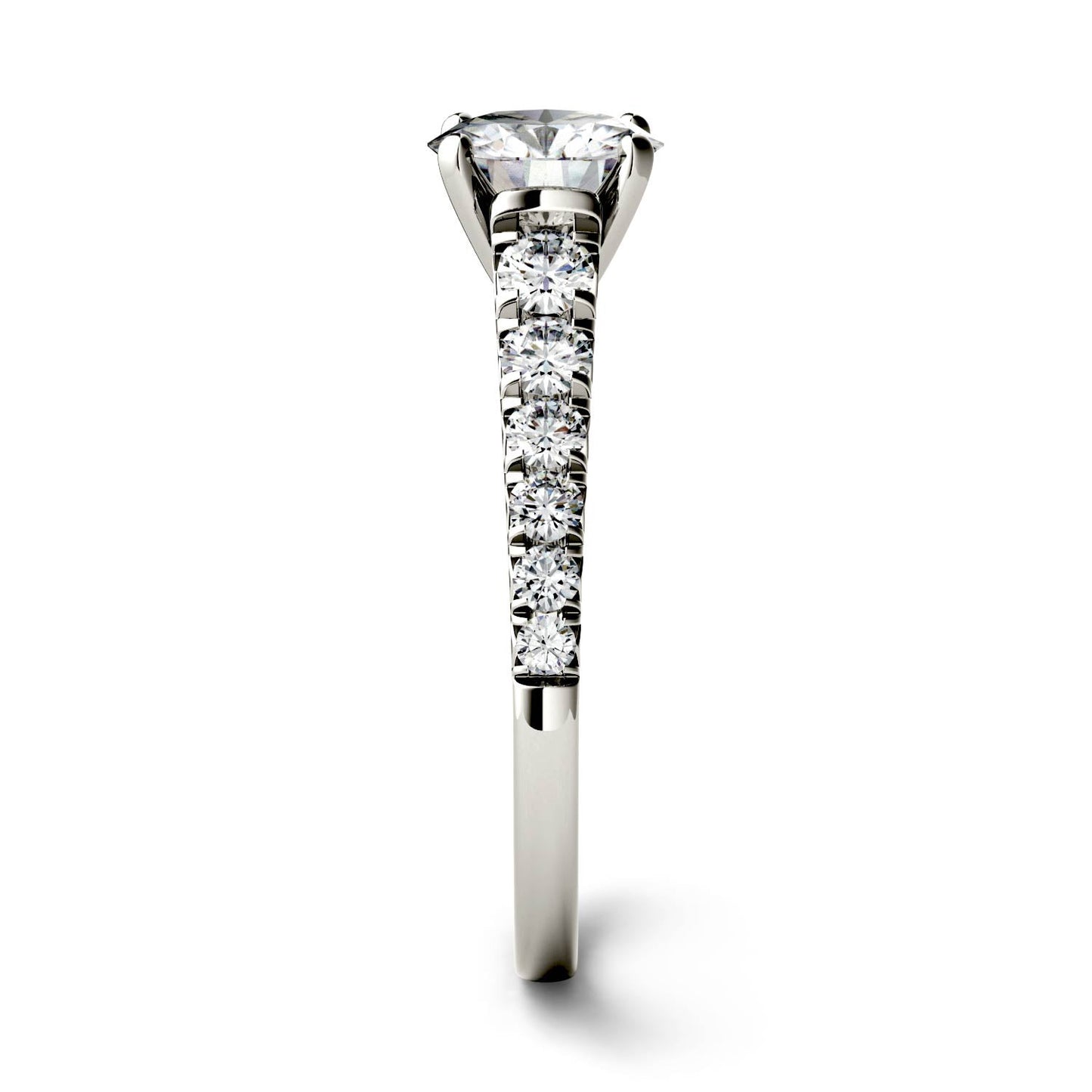 1.29 CTW DEW Round Moissanite Tapered Side-Stone Engagement Ring in 14K White Gold