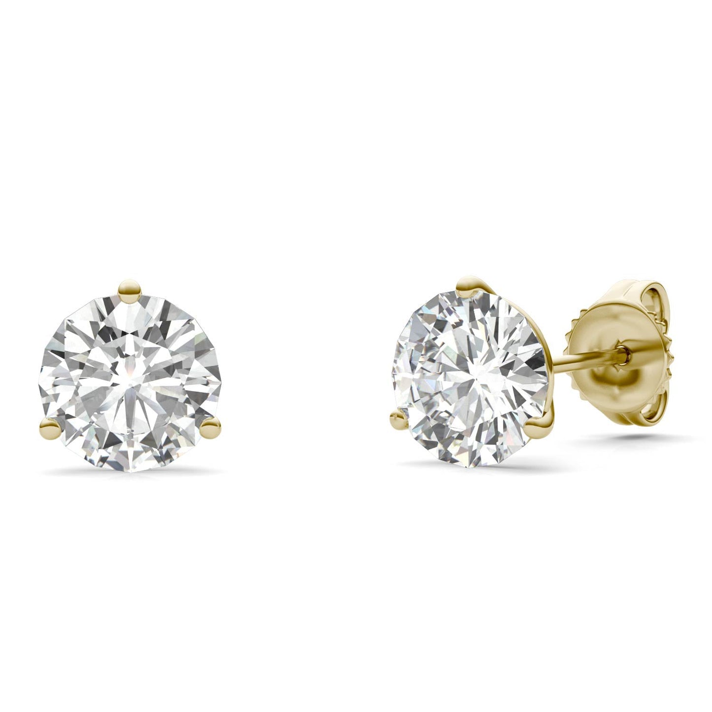 2 CTW DEW Round Moissanite Three-Prong Studs in 14K Yellow Gold