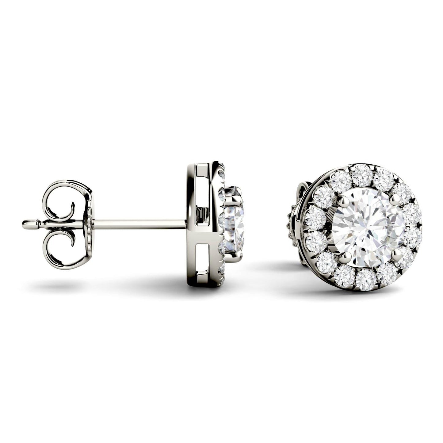 1.28 CTW DEW Round Moissanite Halo Studs in 14K White Gold