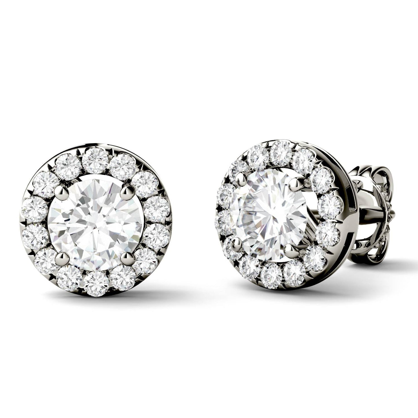 1.28 CTW DEW Round Moissanite Halo Studs in 14K White Gold