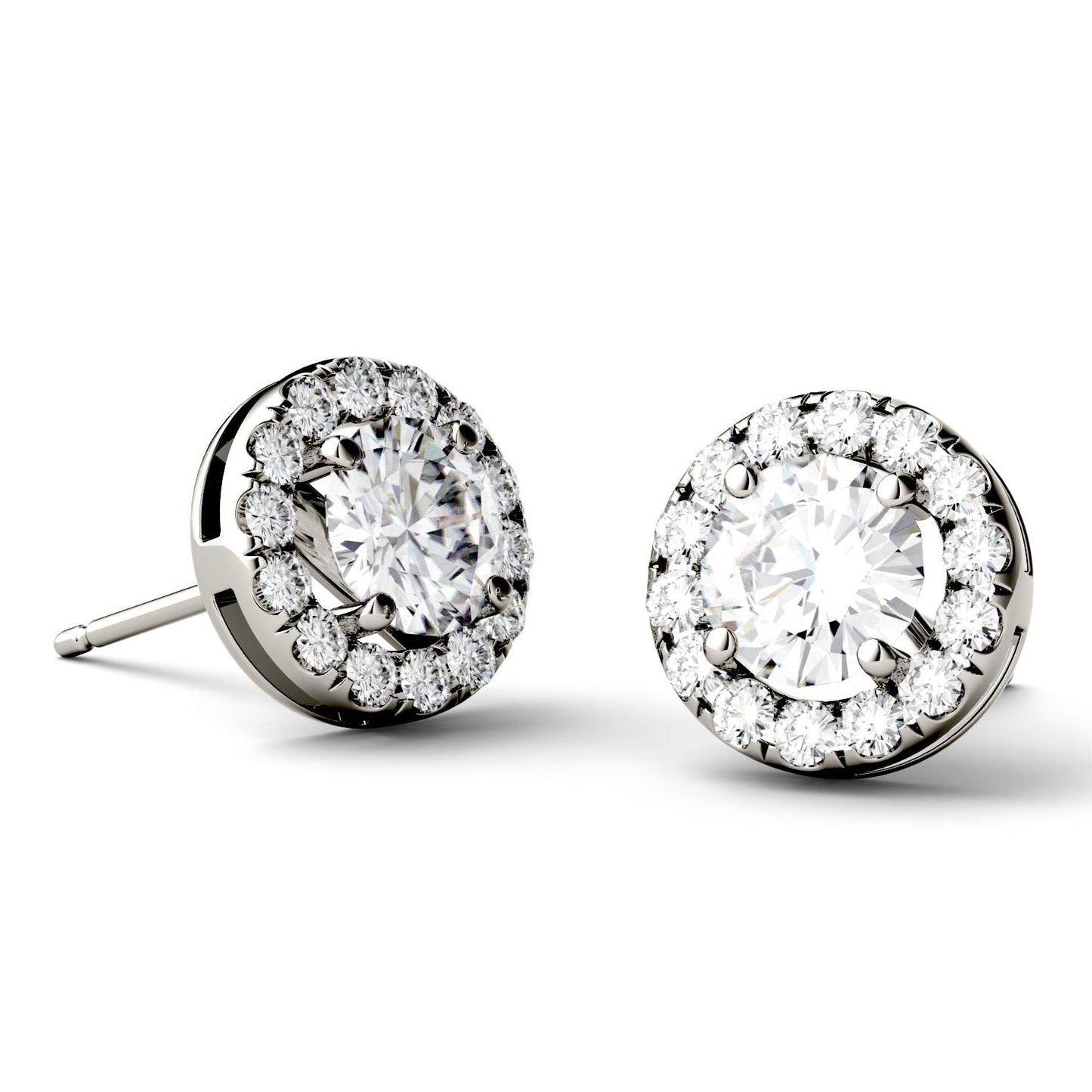 1.28 CTW DEW Round Moissanite Halo Studs in 14K White Gold