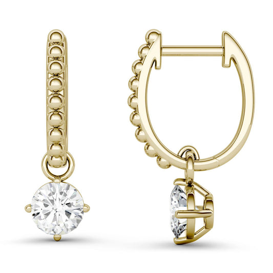 1.00 CTW DEW Round Moissanite Hoop Drop Earrings in 14K Yellow Gold