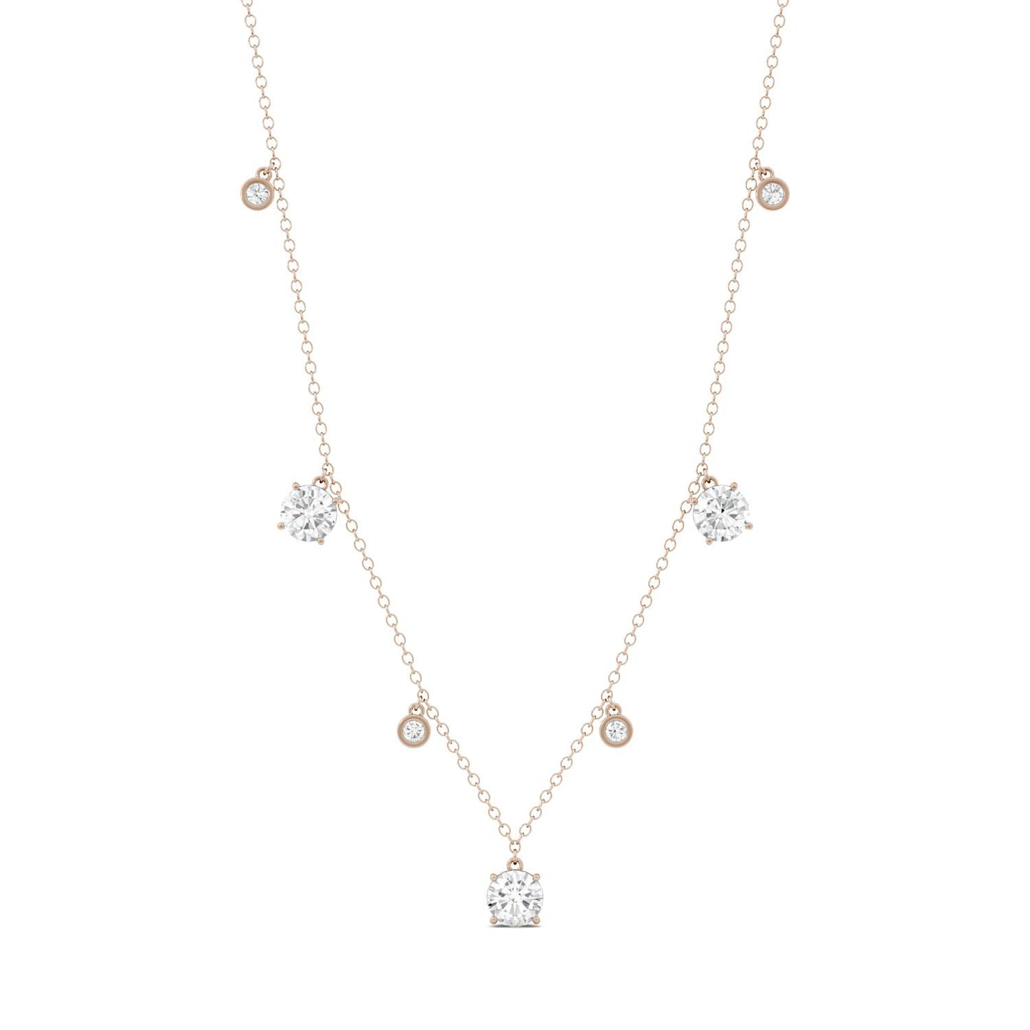 1.08 CTW DEW Round Moissanite Station Drop Necklace in 14K Rose Gold