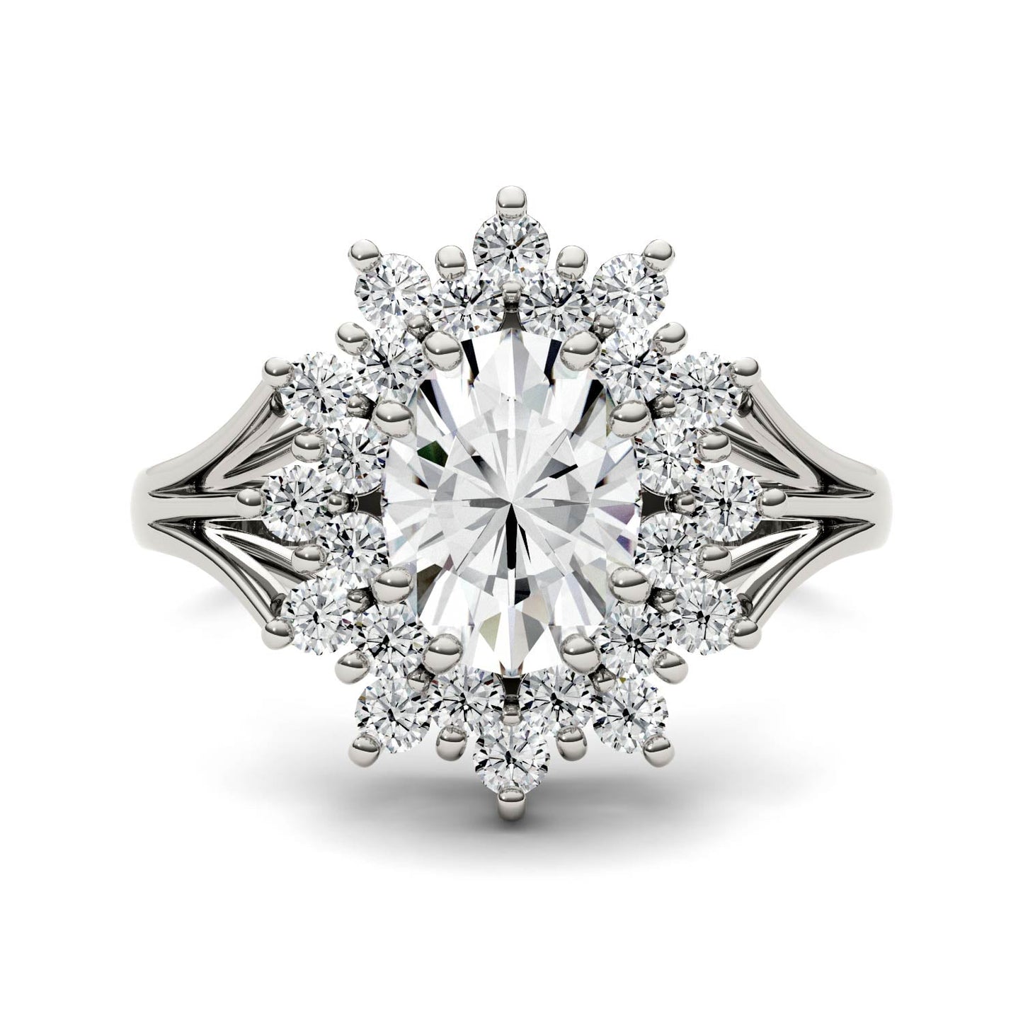 1.98 CTW DEW Oval Moissanite Floral Halo Ring in 14K White Gold