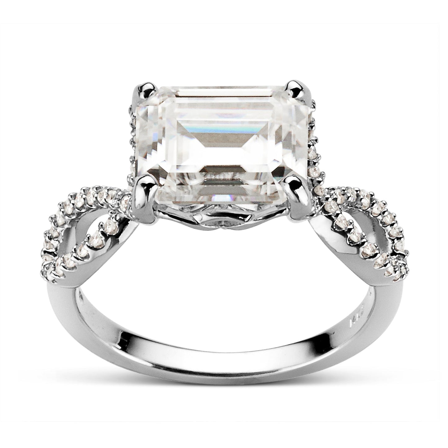 3.80 CTW DEW Emerald Moissanite East-West Twist Side-Stone Engagement Ring in 14K White Gold