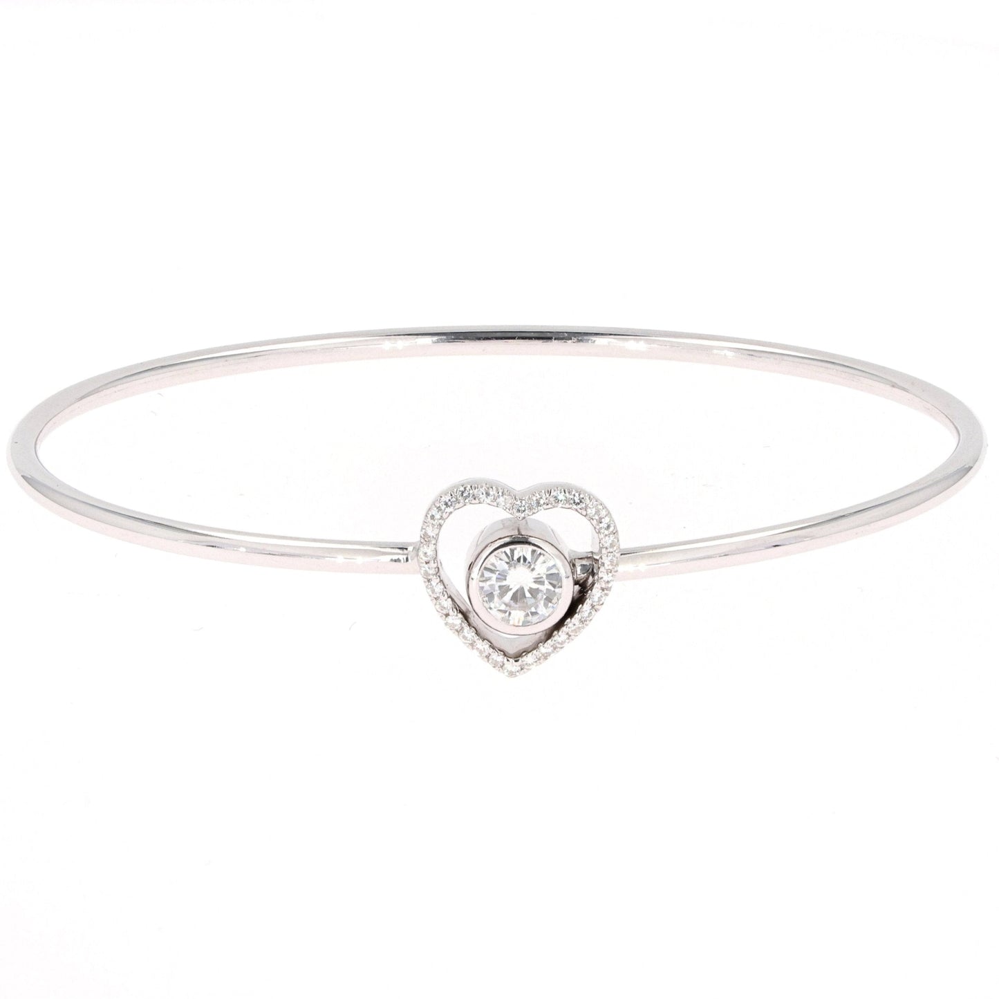 0.65 CTW DEW Moissanite Pave Heart Bangle Bracelet in 14K White Gold