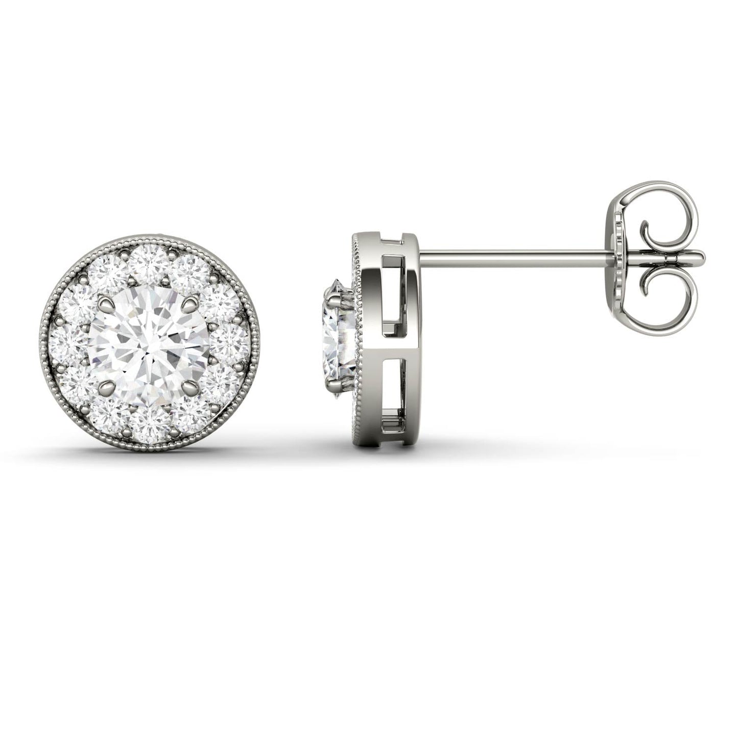 0.70 CTW DEW Round Moissanite Petite Halo Stud Earrings in 14K White Gold