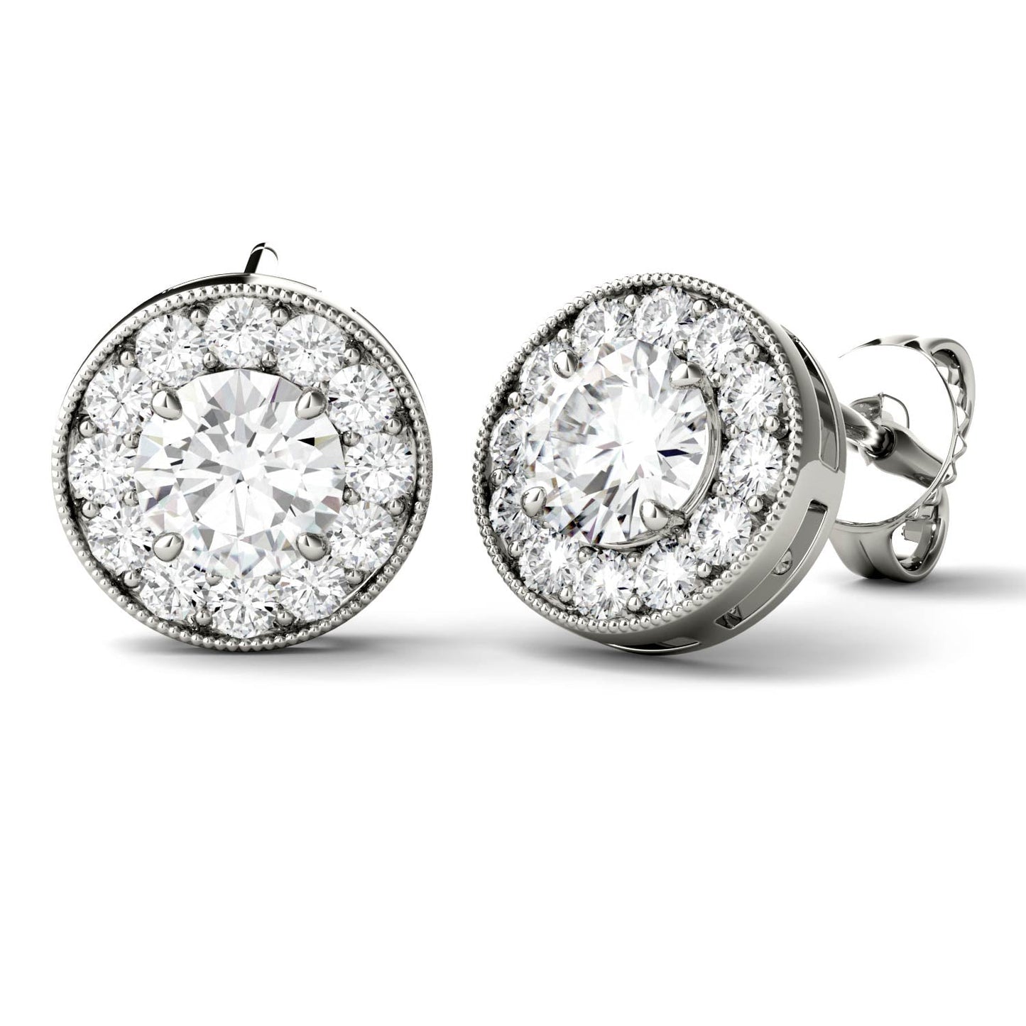 0.70 CTW DEW Round Moissanite Petite Halo Stud Earrings in 14K White Gold