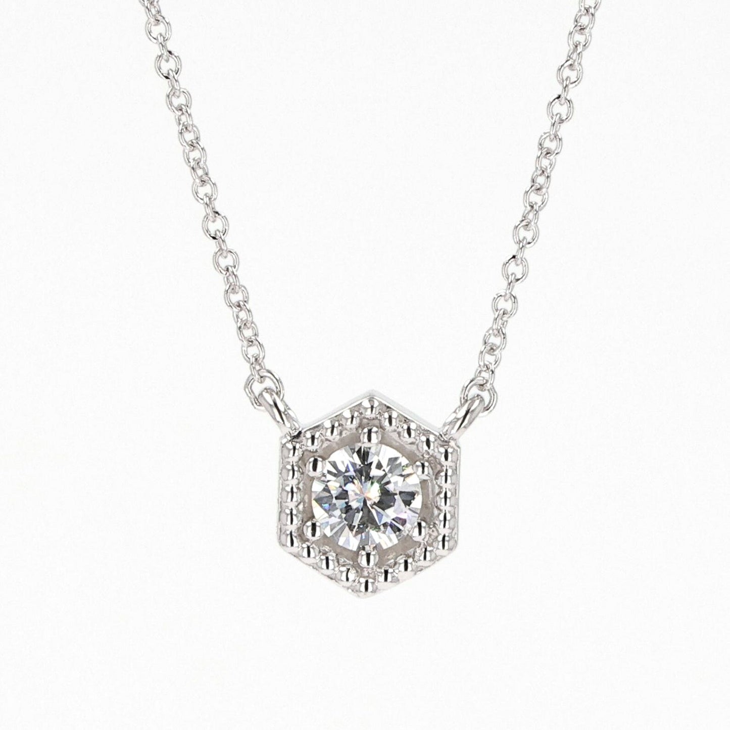 0.33 CTW DEW Round Moissanite Geometric Bead Halo Necklace in Sterling Silver