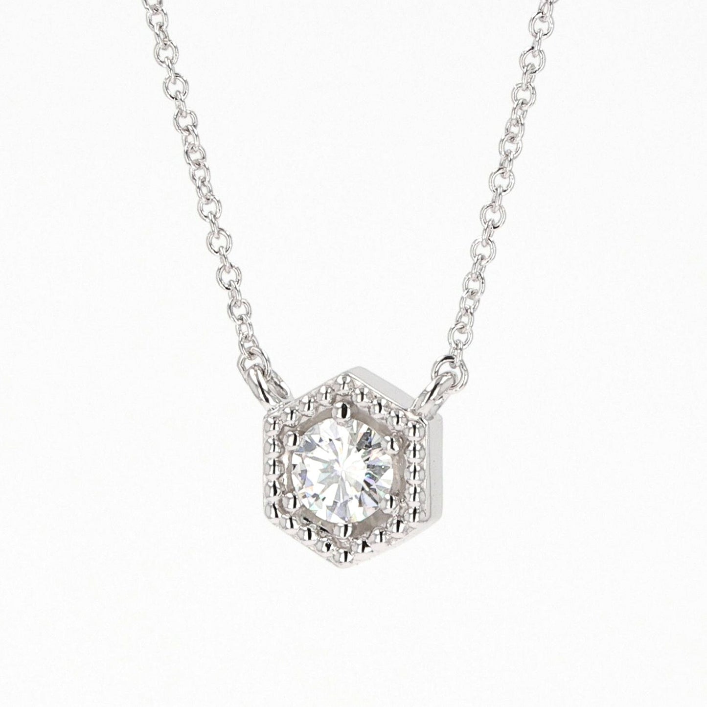 0.33 CTW DEW Round Moissanite Geometric Bead Halo Necklace in Sterling Silver