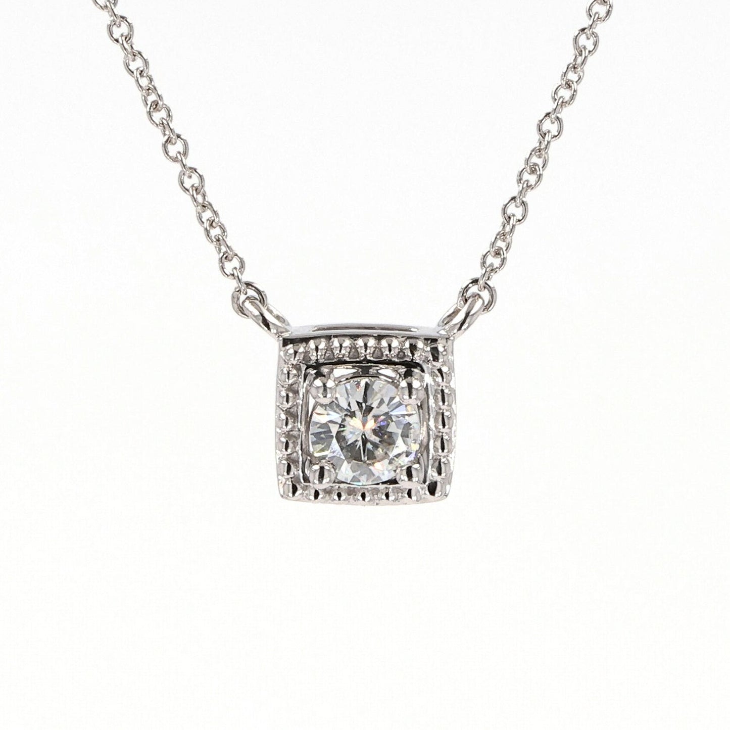 0.33 CTW DEW Round Moissanite Square Bead Halo Necklace in Sterling Silver