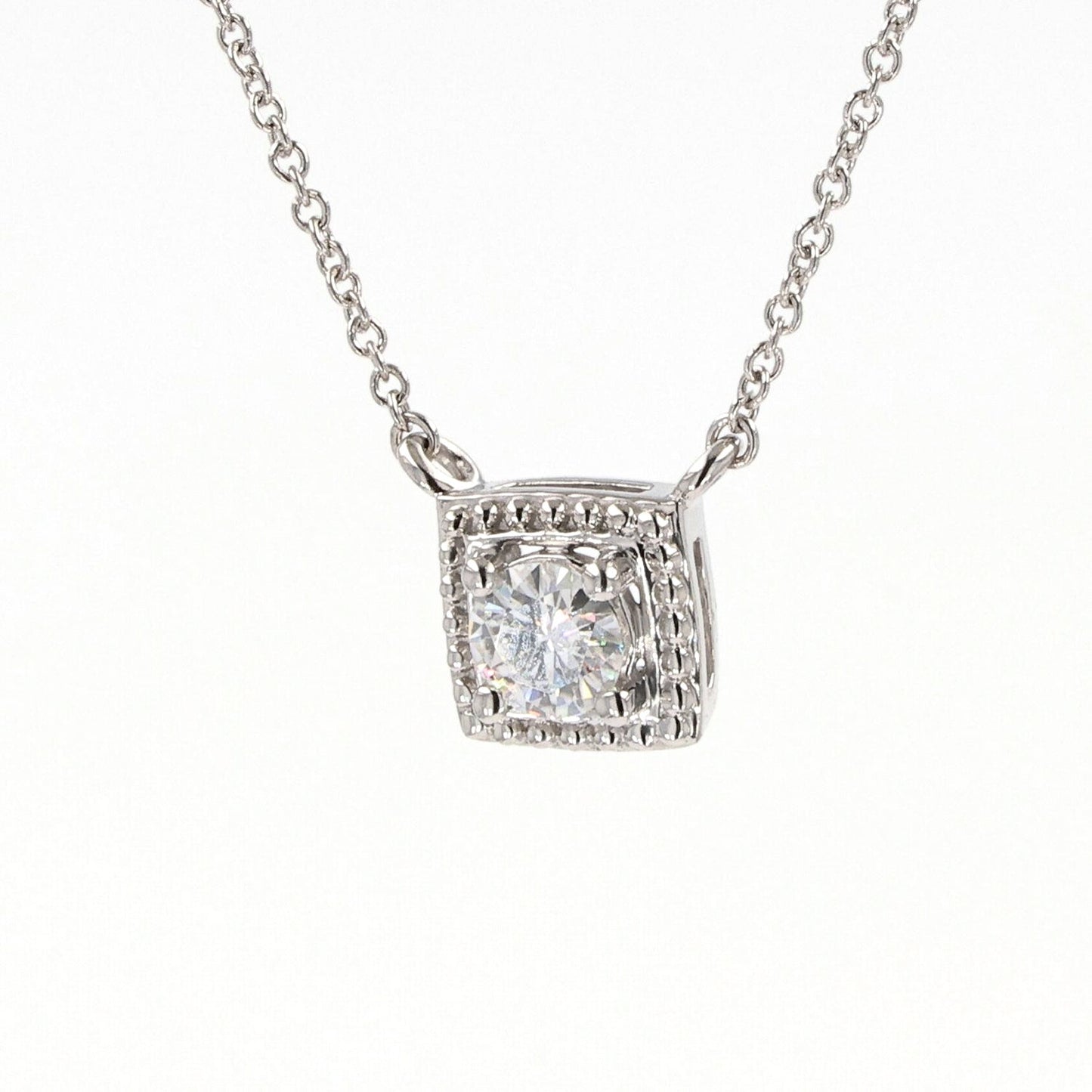 0.33 CTW DEW Round Moissanite Square Bead Halo Necklace in Sterling Silver