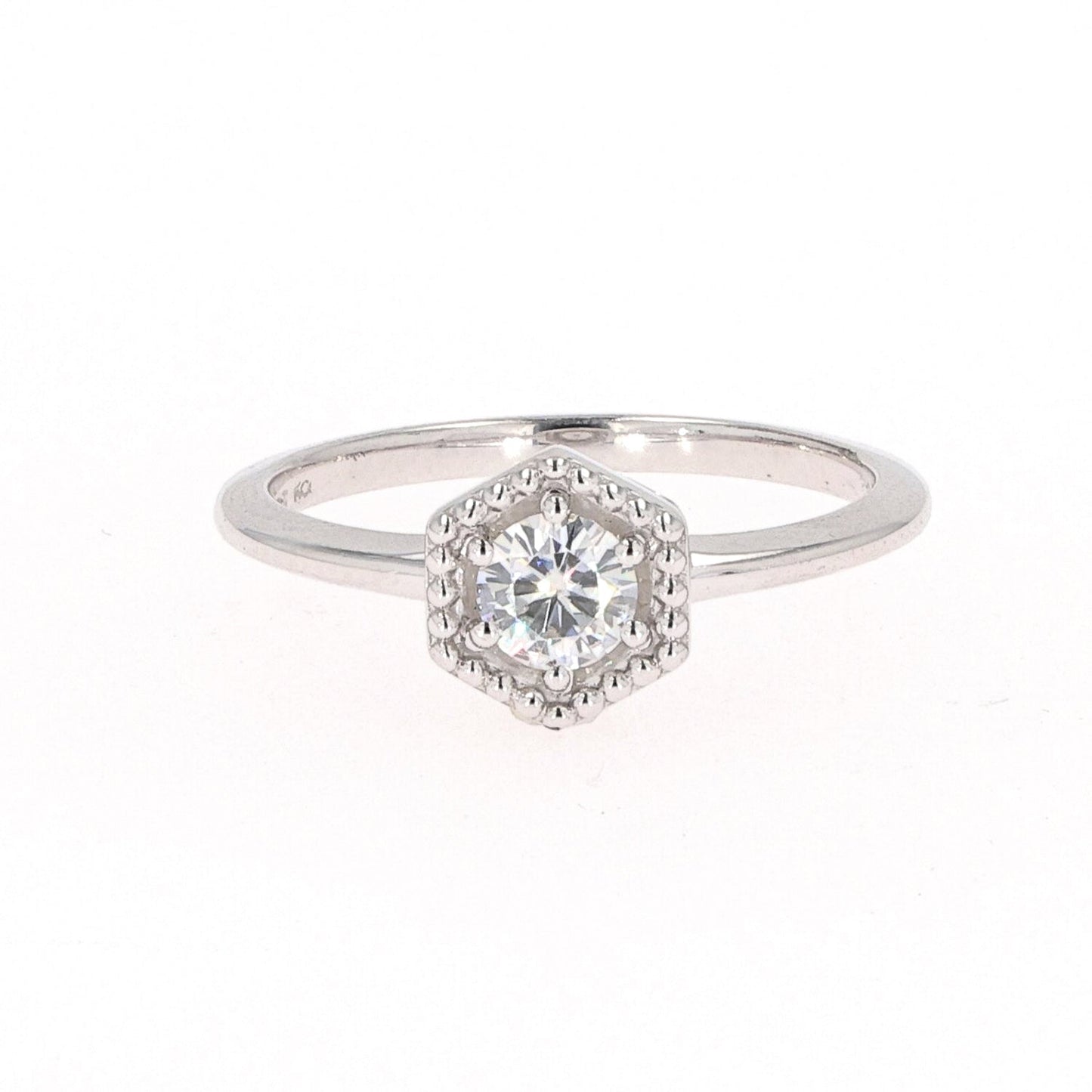 0.33 CTW DEW Round Moissanite Hexagon Milgrain Halo Ring in Sterling Silver