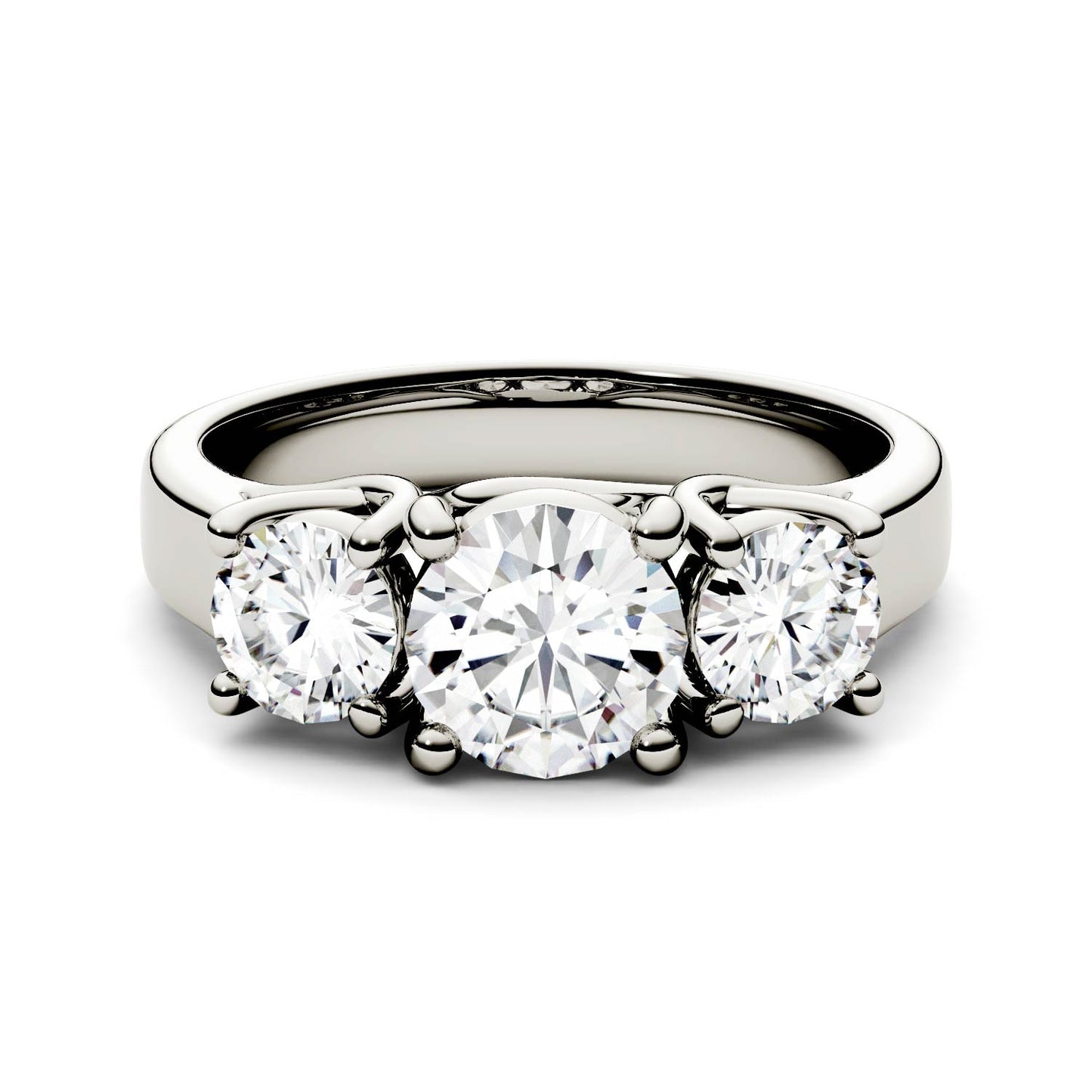 2.00 CTW DEW Round Moissanite Three-Stone Trellis Ring in 14K White Gold