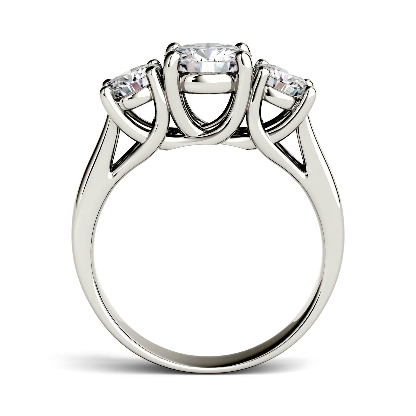 2.00 CTW DEW Round Moissanite Three-Stone Trellis Ring in 14K White Gold
