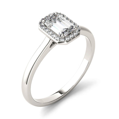 0.68 CTW DEW Emerald Moissanite Halo Ring in 14K White Gold