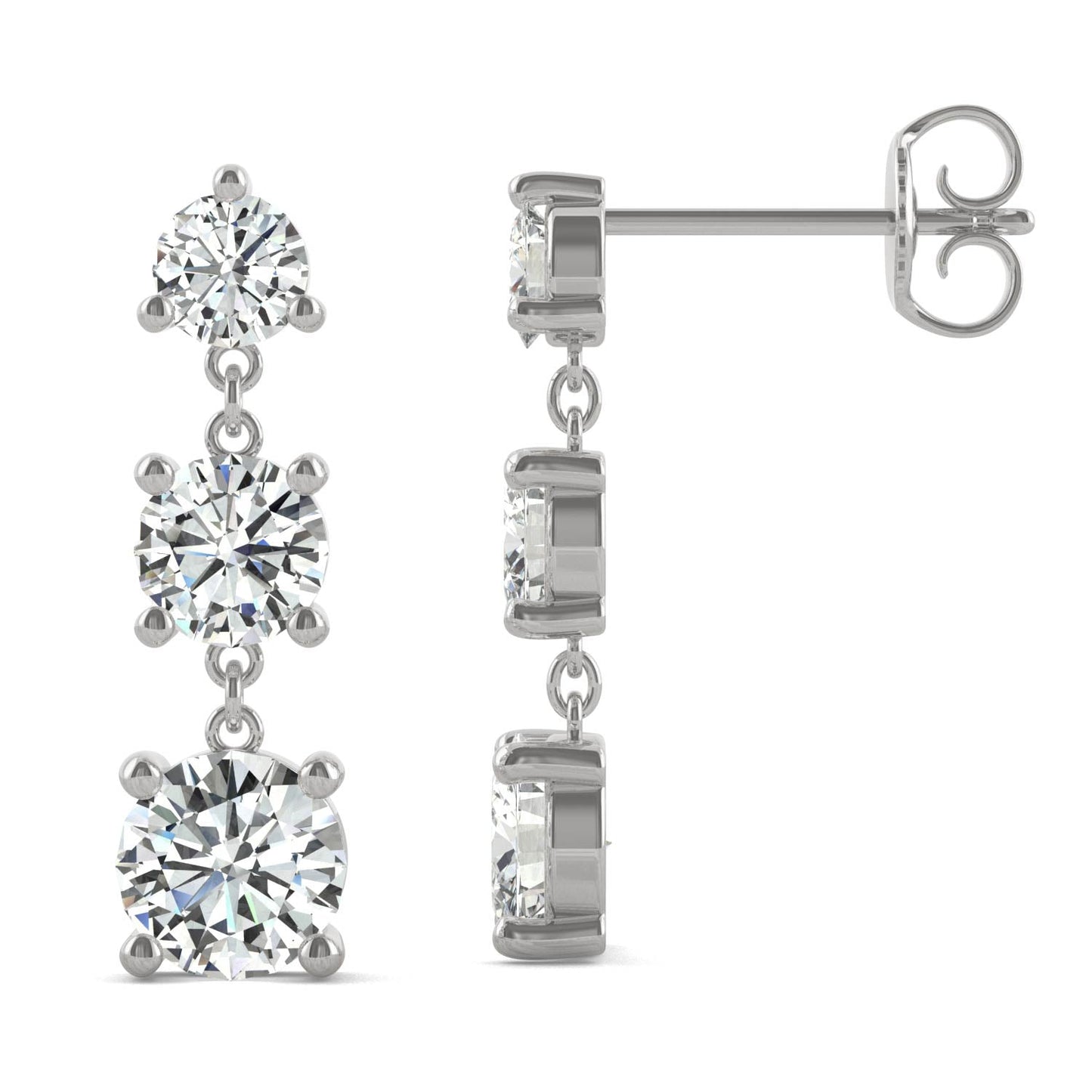 2.18 CTW DEW Round Moissanite Graduated Drop Earrings in 14K White Gold
