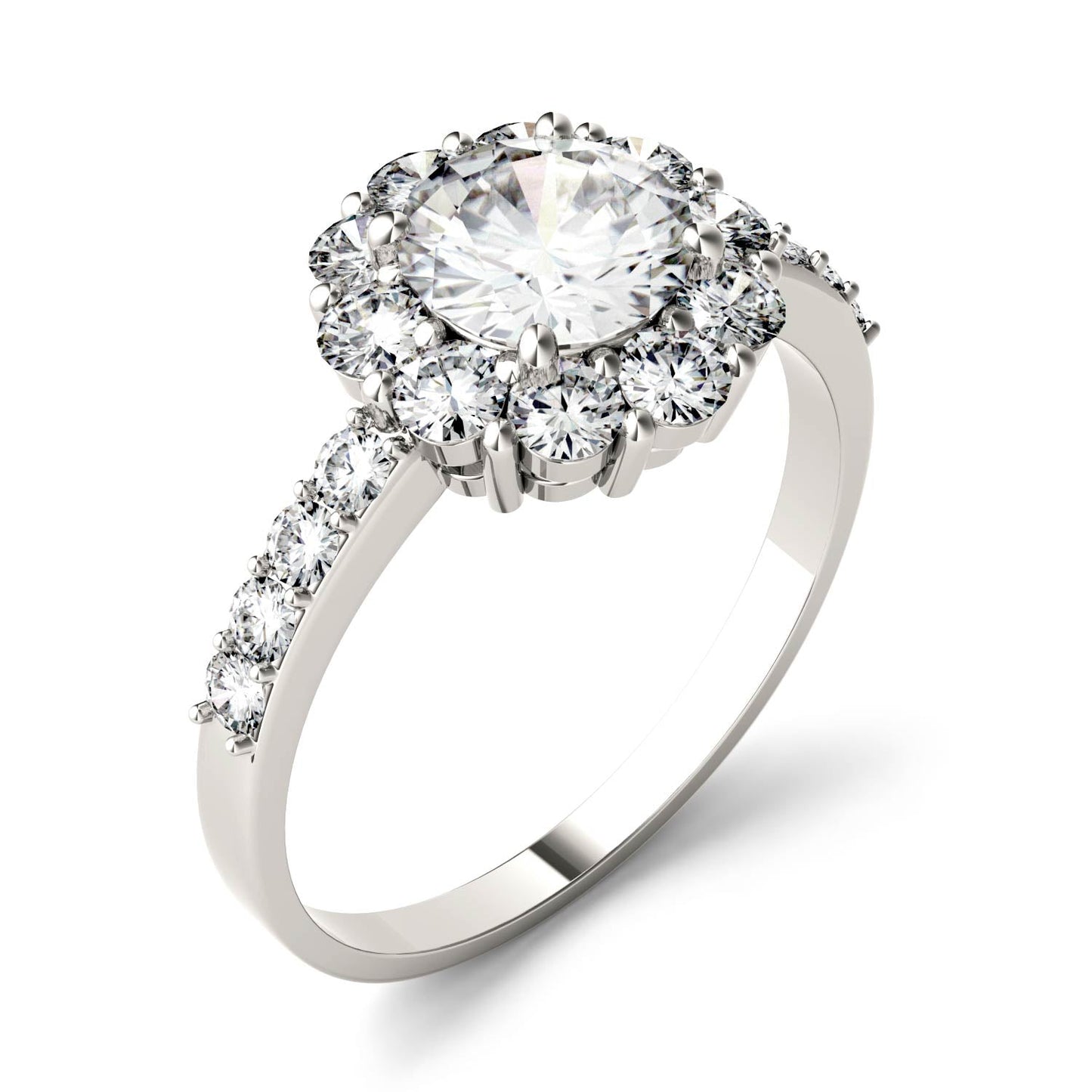 1.78 CTW DEW Round Moissanite Flower Halo Engagement Ring in 14K White Gold