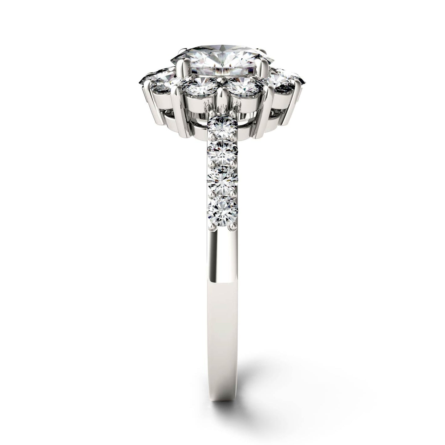 1.78 CTW DEW Round Moissanite Flower Halo Engagement Ring in 14K White Gold